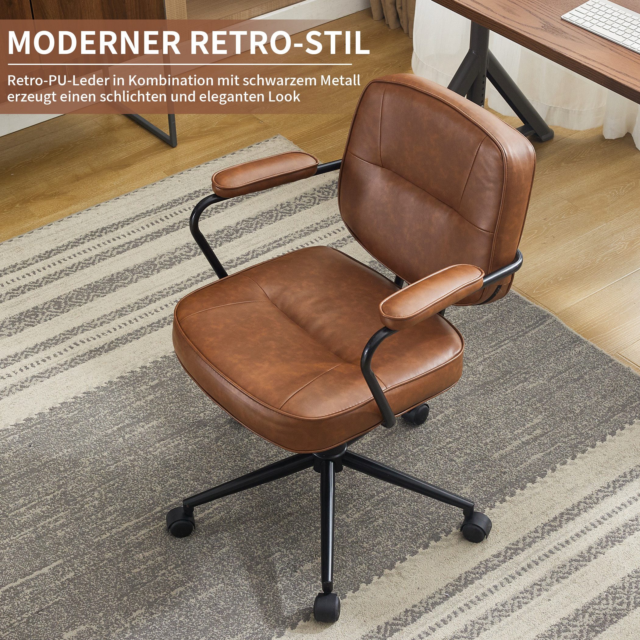 SeedWave Bürostuhl mit Wippfunktion PU-Leder Drehstuhl Gepolstert im modernen Retro-Stil, Höhenverstellbarer Schreibtischstuhl für Home Office