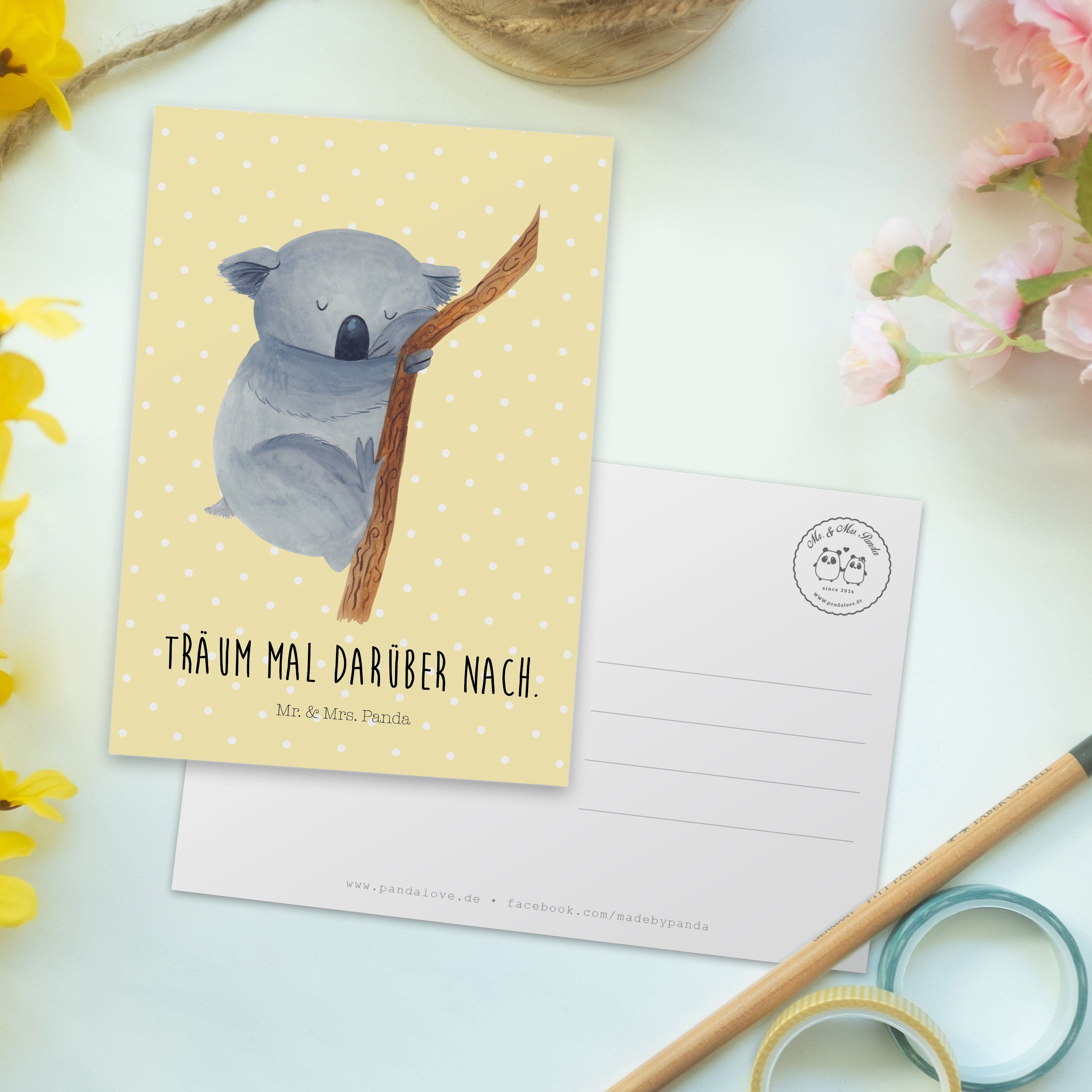 Mr. & Mrs. Panda Gelb Geschenk, Postkarte Einladun Schlafzimmer, Pastell - Traumland, Koalabär 