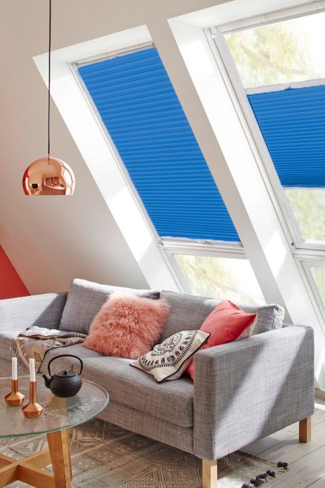 mit Führungsschienen Dachfensterplissee sunlines, Lichtschutz, verschraubt, StartUp Style Honeycomb verspannt, blau TL,