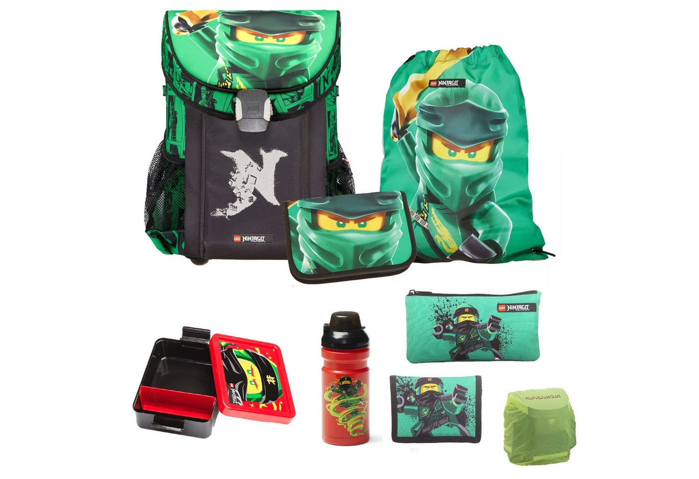 LEGO® Bags Schulranzen Lego Ninjago Einschulungs-Set "Easy" mit Brotdose und Trinkflasche (Set, 8-tlg., mit Brotdose und Trinkflasche), ab der 1. Klasse, Ultra-Leicht, 16L Volumen, wasserabweisend