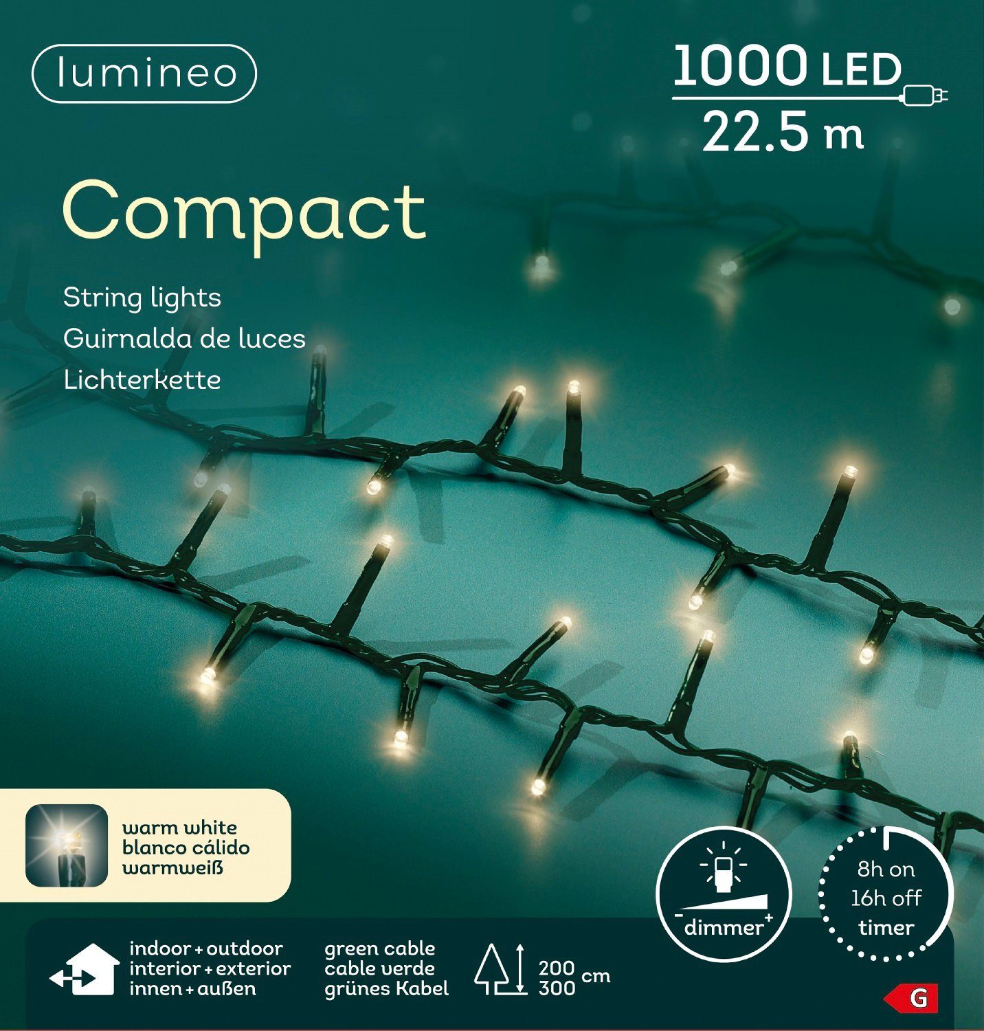 Kaemingk Lumineo LED-Lichterkette Lumineo Indoor, 22,5 m grünes Timer, Lichterkette LED Compact Outdoor 1000 Kabel, Dimmbar, weiß, warm