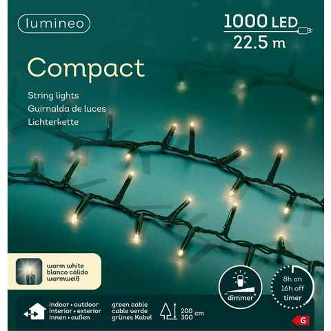 Lumineo LED-Lichterkette Lumineo Lichterkette Compact 1000 LED 22,5 m warm weiß, grünes Kabel, Dimmbar, Timer, Indoor, Outdoor