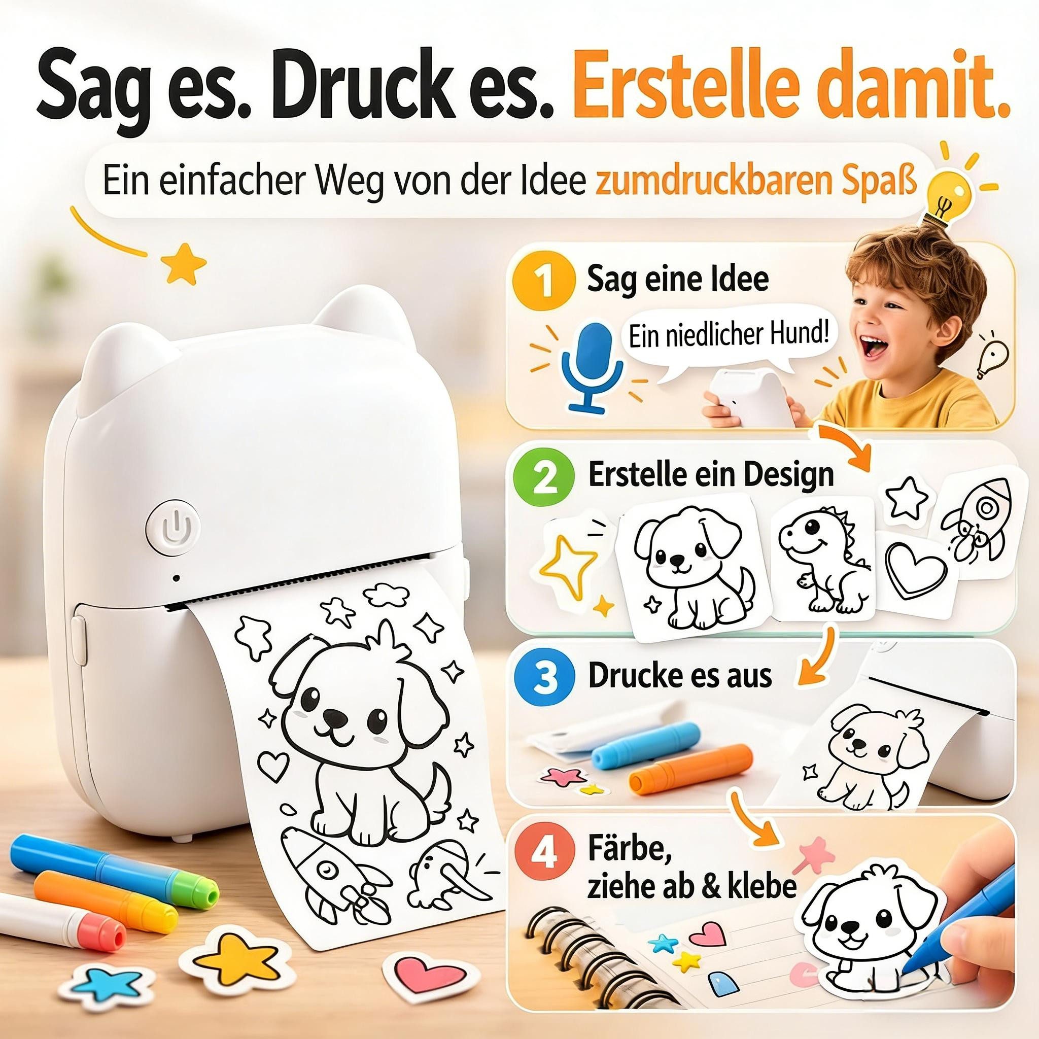 Luckice AI Sprachgesteuerter Mini Thermodrucker für Kinder Mini-Drucker, (Tragbarer Tintenloser Stickerdrucker mit Foto- & Bildgenerierung, Lernfunktion für Notizen, Malvorlagen, Tagebuch & DIY Bastelprojekte)