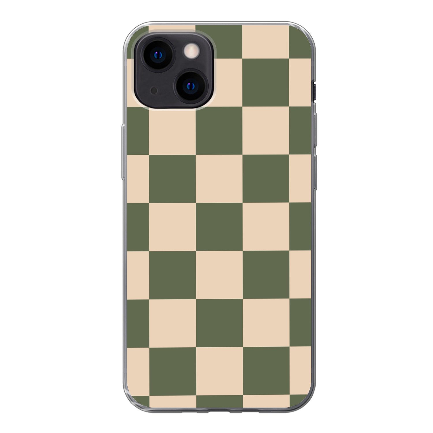 MuchoWow Handyhülle für Apple iPhone 13 mini Schachbrettmuster - Grün - Beige - Blöcke, Smartphone-Bumper, Print, Handy Schutzhülle Dünn