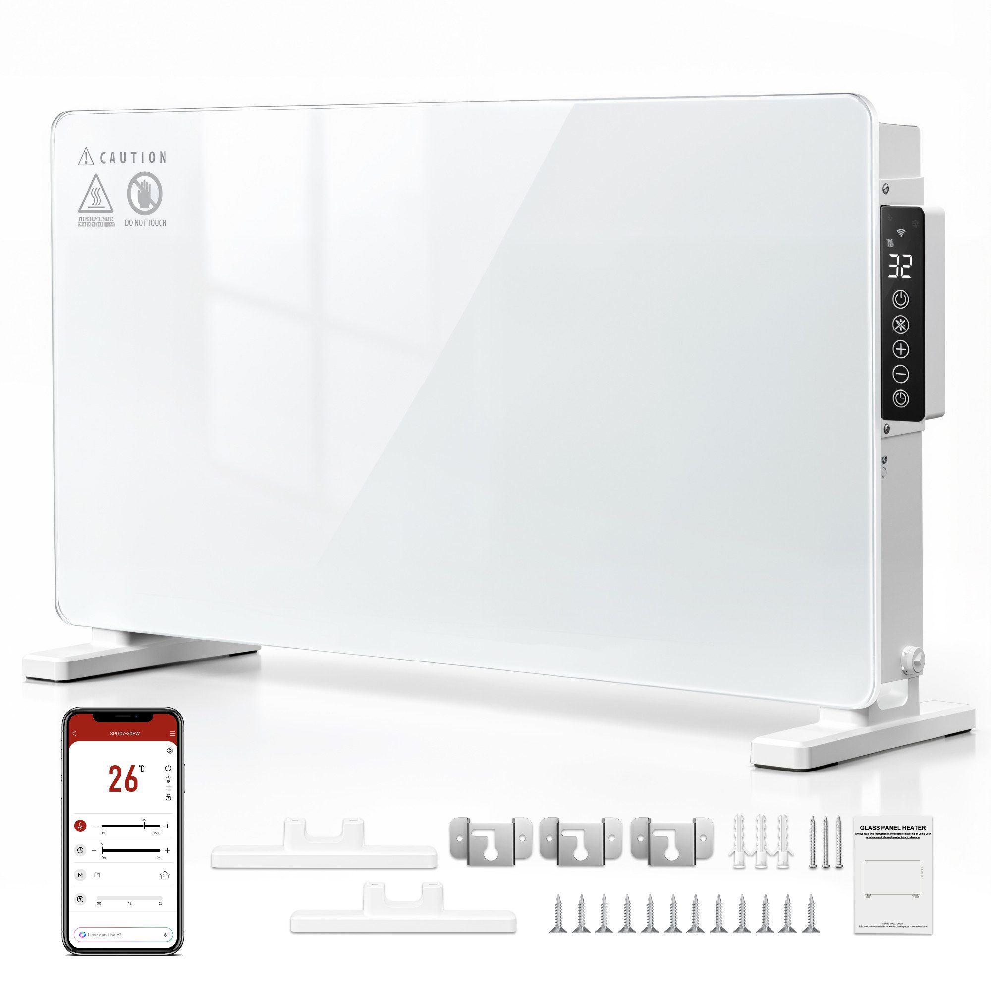 Furnicopia Heizstrahler 2000 W Glas‑Konvektionsheizgerät, 6‑in‑1‑Modi, WLAN‑App, IP24, stehend/wandmontierbar