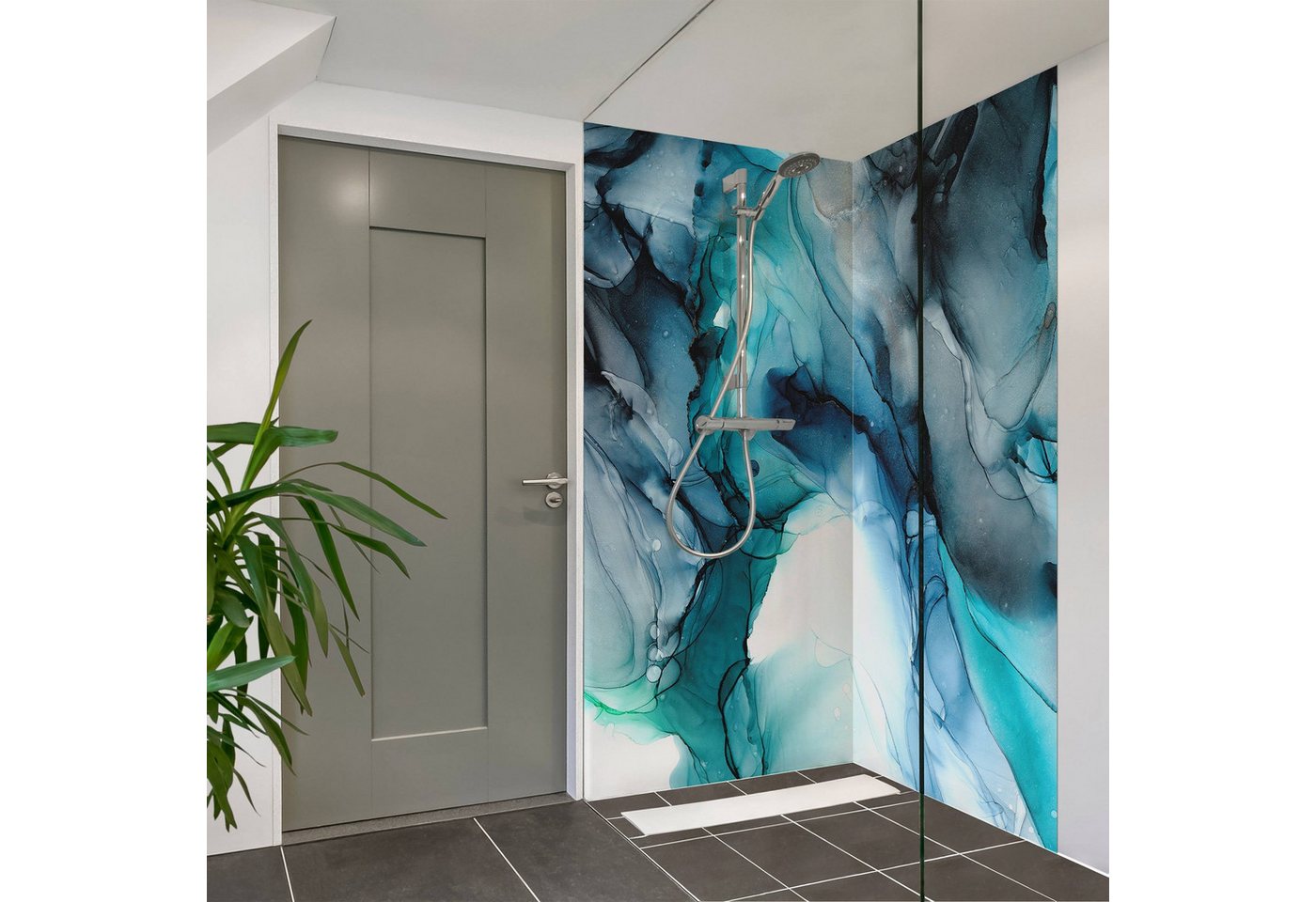 Thumbnail - Bilderdepot24 Duschrückwand Muster blau Duschrückwand ohne Bohren Dusche Kunst Motiv, (2-tlg., 0,61 mm starke Folie selb...