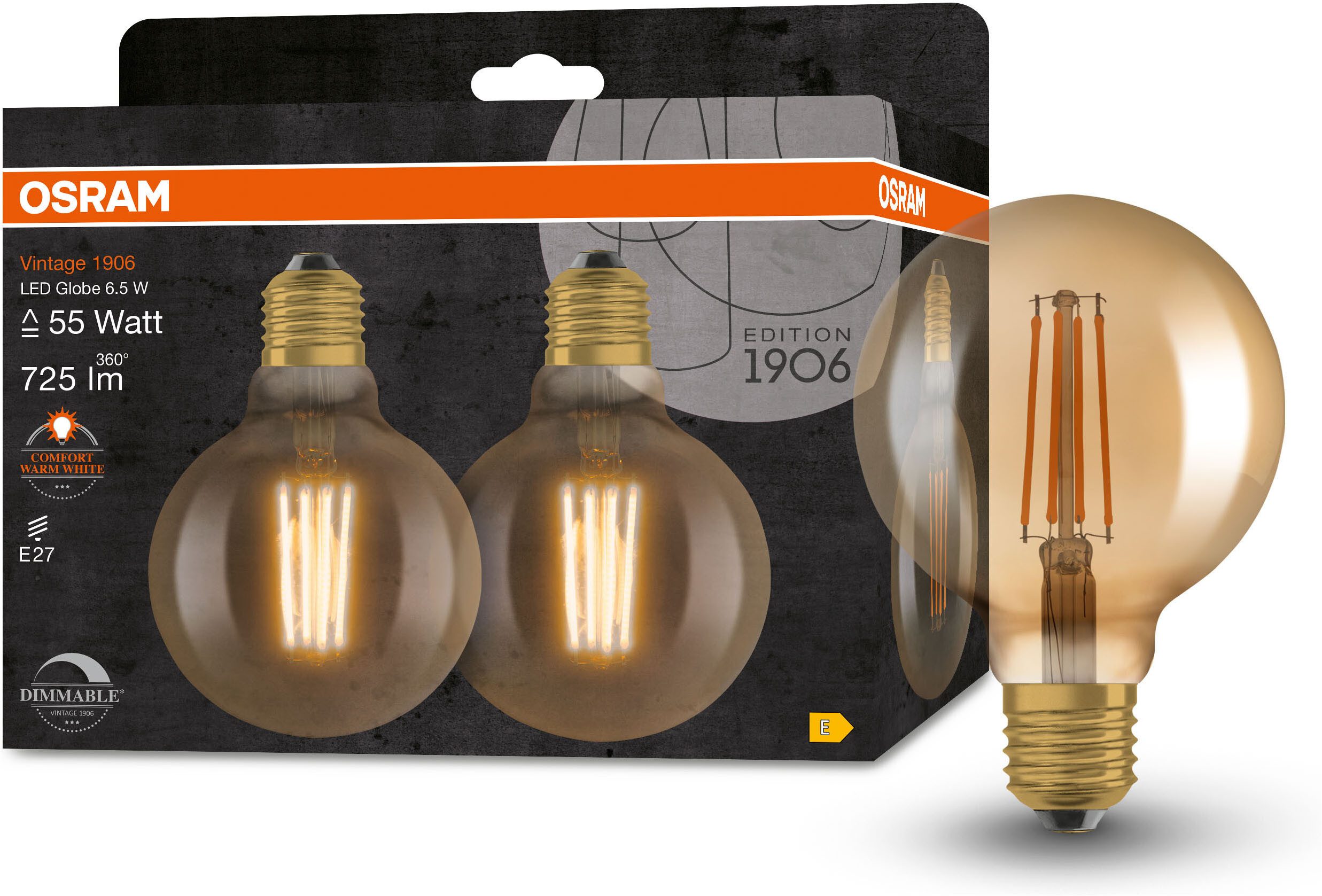 Osram LED-Filament 1906Vintage Edition goldenes Glas, E27, 2 St., Warmweiß