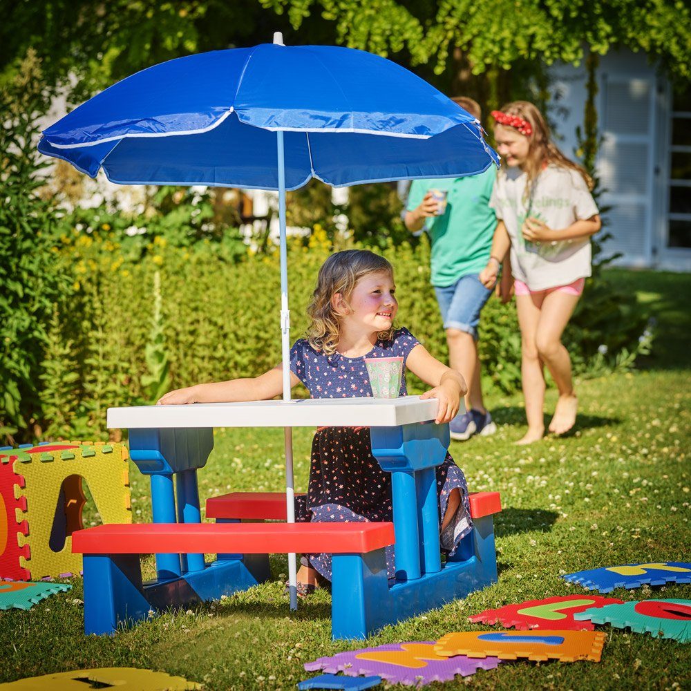 mit Picknickset Sitzgruppe, Kindersitzgruppe Tisch Sonnenschirm Bänke Deuba Schutz UV