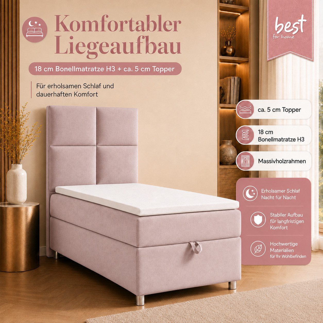 Best for Home Boxspringbett Trinity K-2 mit Bettkasten & Topper – Komfort & Stauraum (Einzelbett, Hotelbett, Polsterbett gepolstertes Kopfteil, Jugendbett, Kinderbett versch. Größen, 1-St., 70x200 80x200 90x200 100x200 cm), Einzel-Boxspringbett mit integriertem Stauraum, gepolstertem Kopfteil