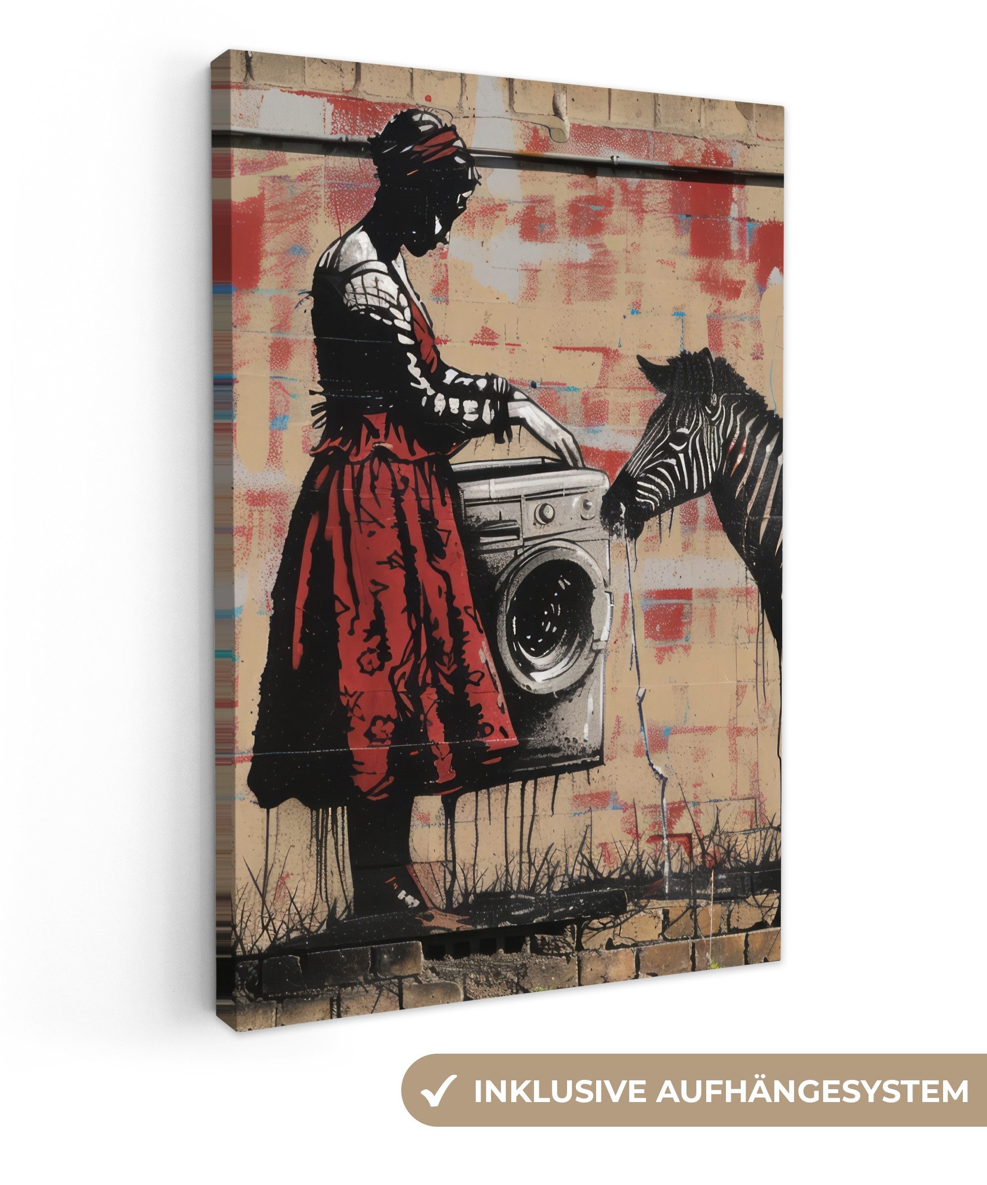 OneMillionCanvasses® Leinwandbild Straßenkunst - Zebra - Frau - Tiere - Graffiti - Banksy-Stil, Fotodruck (1 St), Leinwand Canvas Wandbild, Wanddekoration 20x30 cm