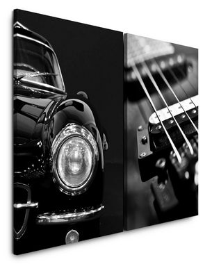 Sinus Art Leinwandbild 2 Bilder je 60x90cm Oldtimer Schwarz Klavierlack Scheinwerfer Traumauto Gitarrensaiten altes Auto