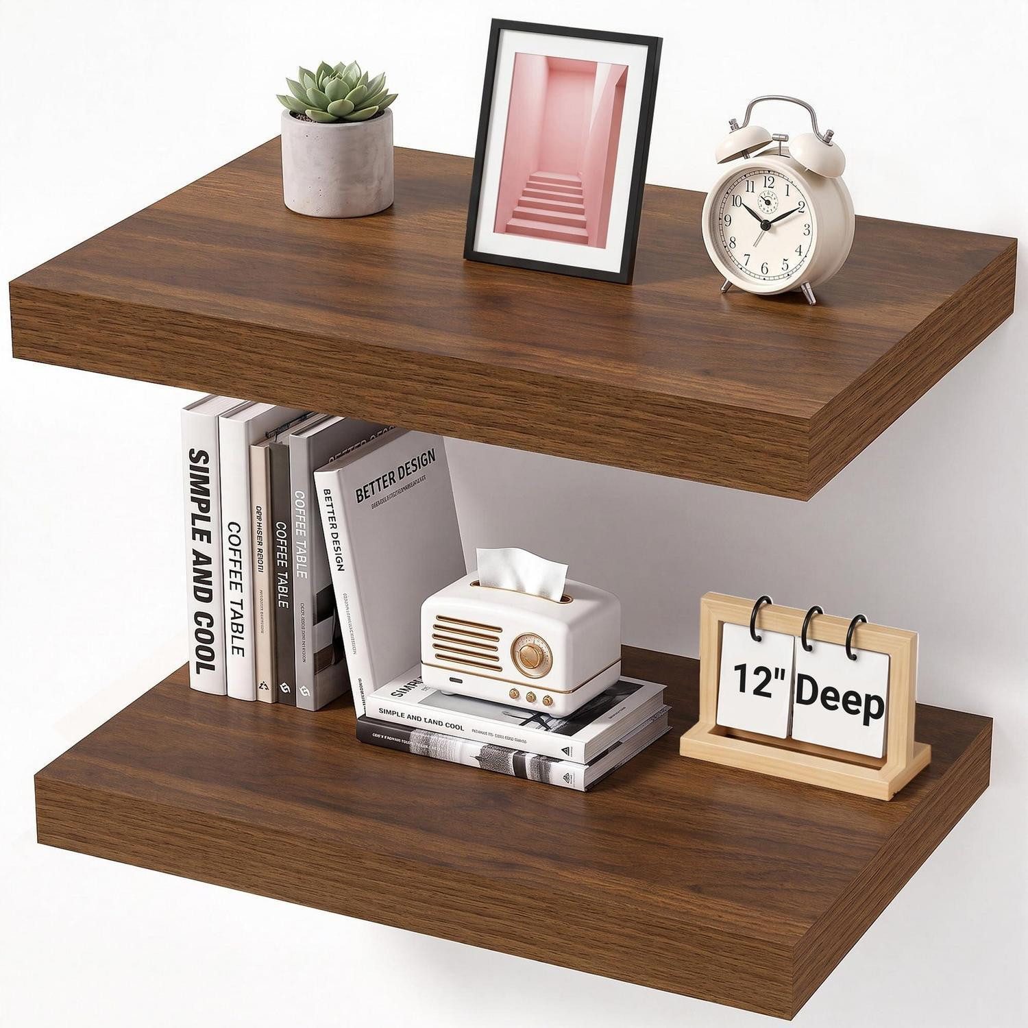 LuxusKollektion Wandboard Wandregal Holz Extra Tief 40x29,5 cm Walnuss 2er Set, 2-tlg.
