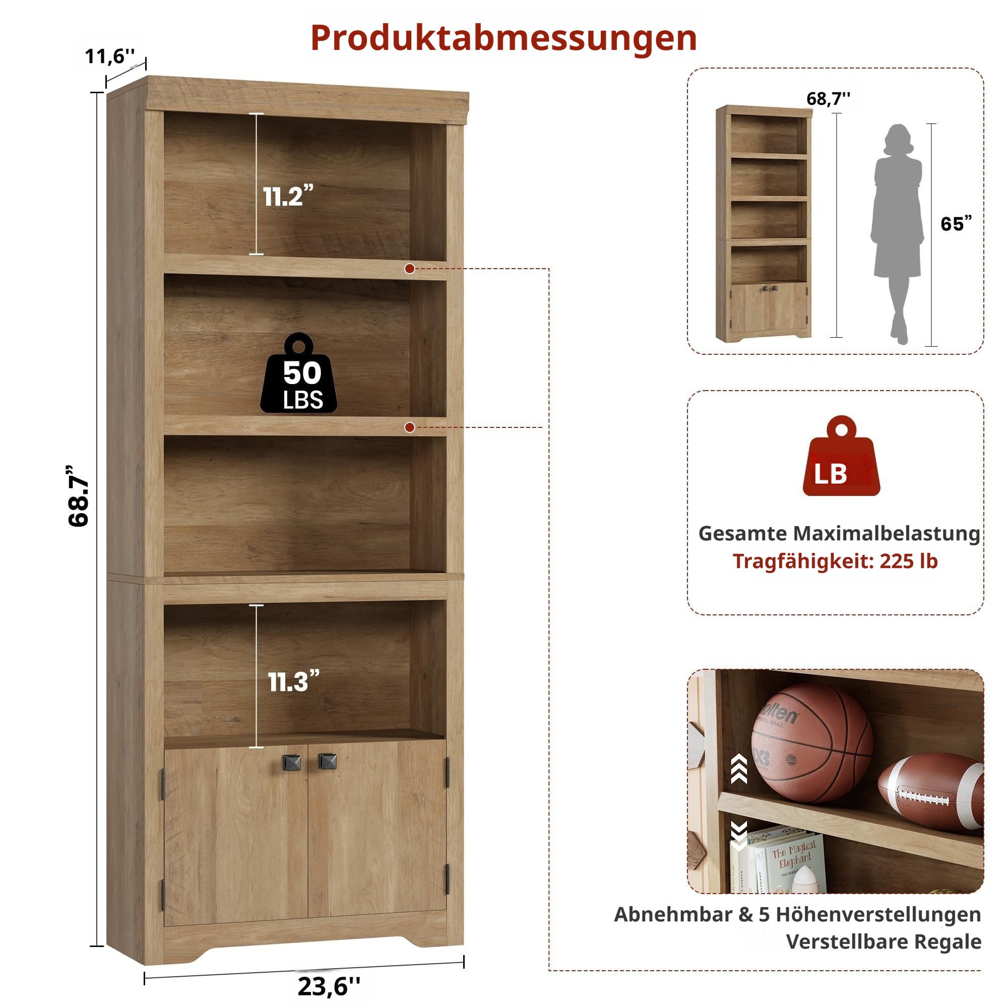 GarveeMore Bücherregal 5-stöckiger Bücherschrank mit 2 Türen, verstellbare Einlegeböden, wasserdichte Oberfläche, multifunktionales Standregal mit Kippschutz – Bild 4 von 5