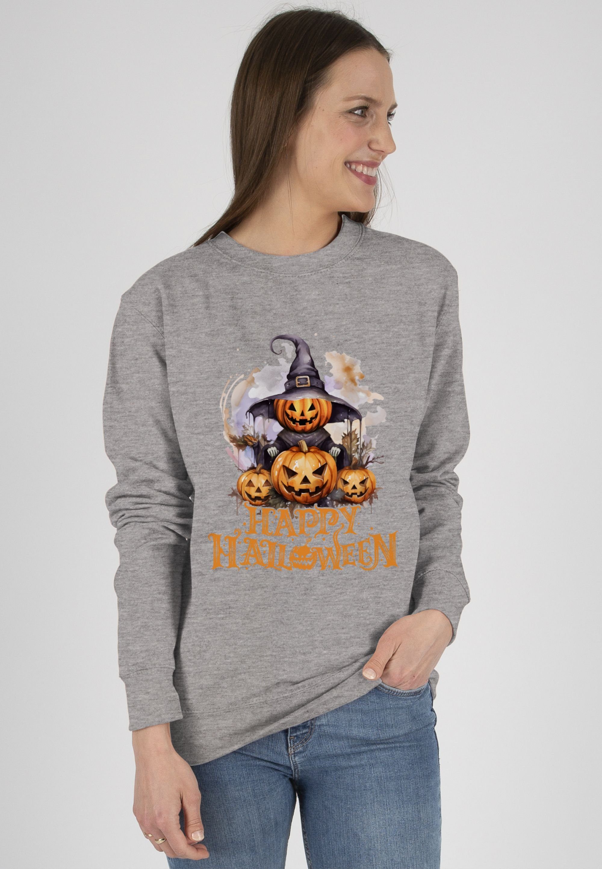 Shirtracer Sweatshirt Happy Halloween Kürbis Grau Damen Hexe Kürbiskopf Gruselig Kostüme 2 (1-tlg) Halloween meliert