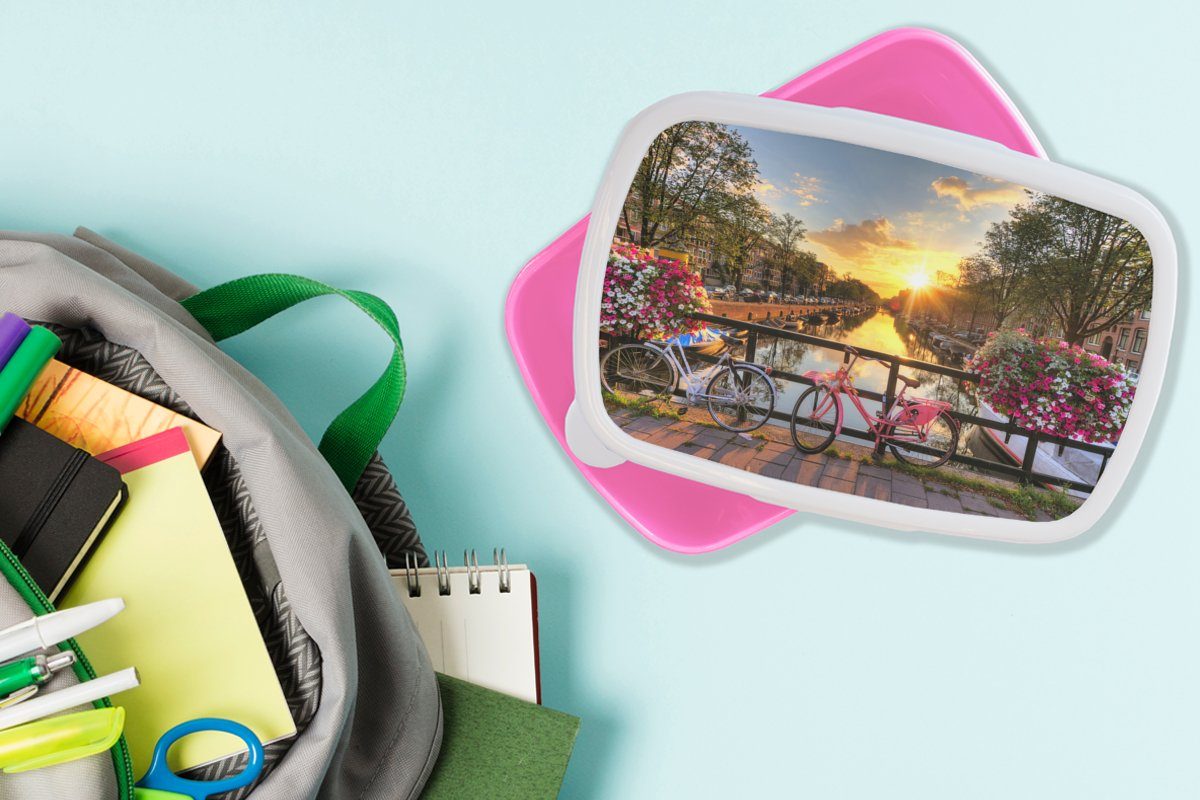 für Brotbox Amsterdam - Erwachsene, Sonnenuntergang, Kinder, Mädchen, Brücke - Snackbox, MuchoWow Fahrrad - Blumen - (2-tlg), Lunchbox Kunststoff, rosa Brotdose Kunststoff