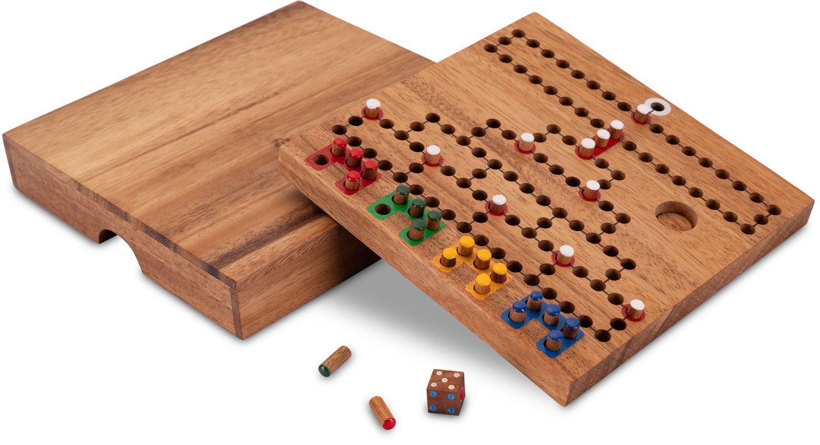 LOGOPLAY Spiel Blockade Reisespiel im Holzkasten, Gesellschaftsspiel, Blockade Box 18cm x 18cm Würfel- und Strategiespiel aus Holz Taktik