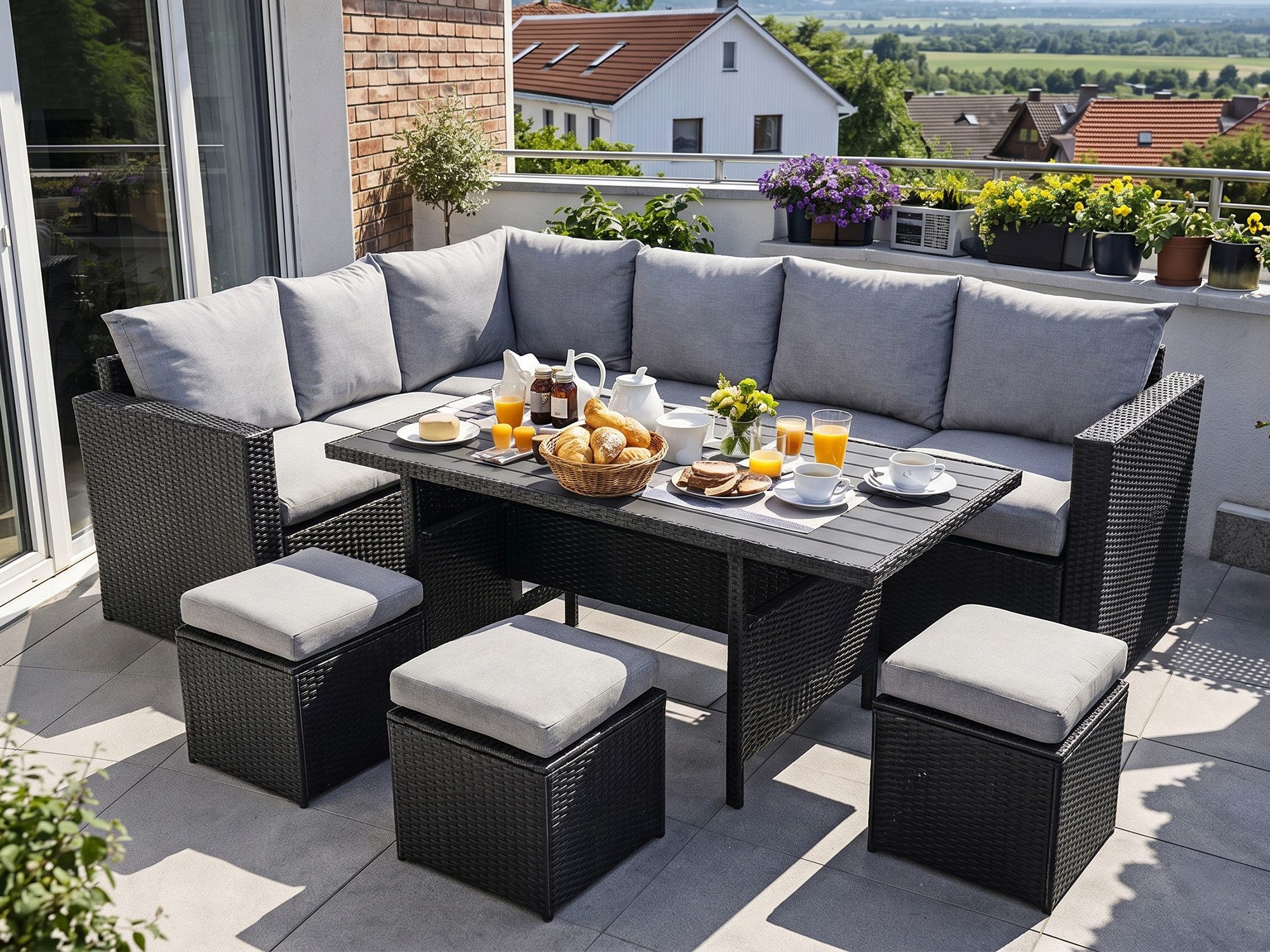MeXo Gartenlounge-Set Polyrattan Gartenmöbel Set 8 Personen mit Esstisch, (Belastbarkeit pro Sitzplatz bis zu 140kg, 7-tlg., 3x Hocker, 2x 2er Sofa, 1xEcksofa, Tisch 132x76x67cm, Inkl. Auflagen), wetterfestes Loungemöbel Set für Terrasse und Garten