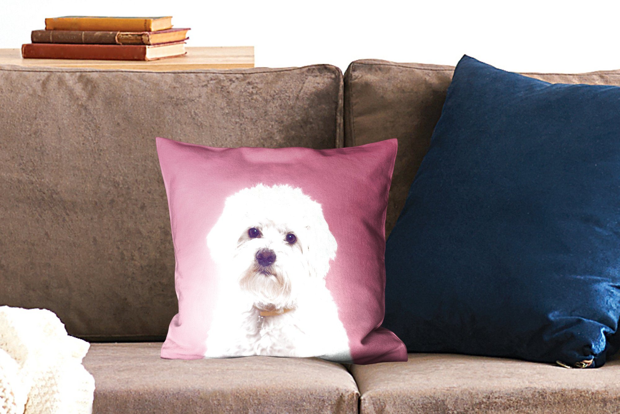 rosa Hintergrund, Zierkissen Wohzimmer, Deko, Malteser für MuchoWow Dekokissen Füllung Hund mit mit Schlafzimmer, Sofakissen