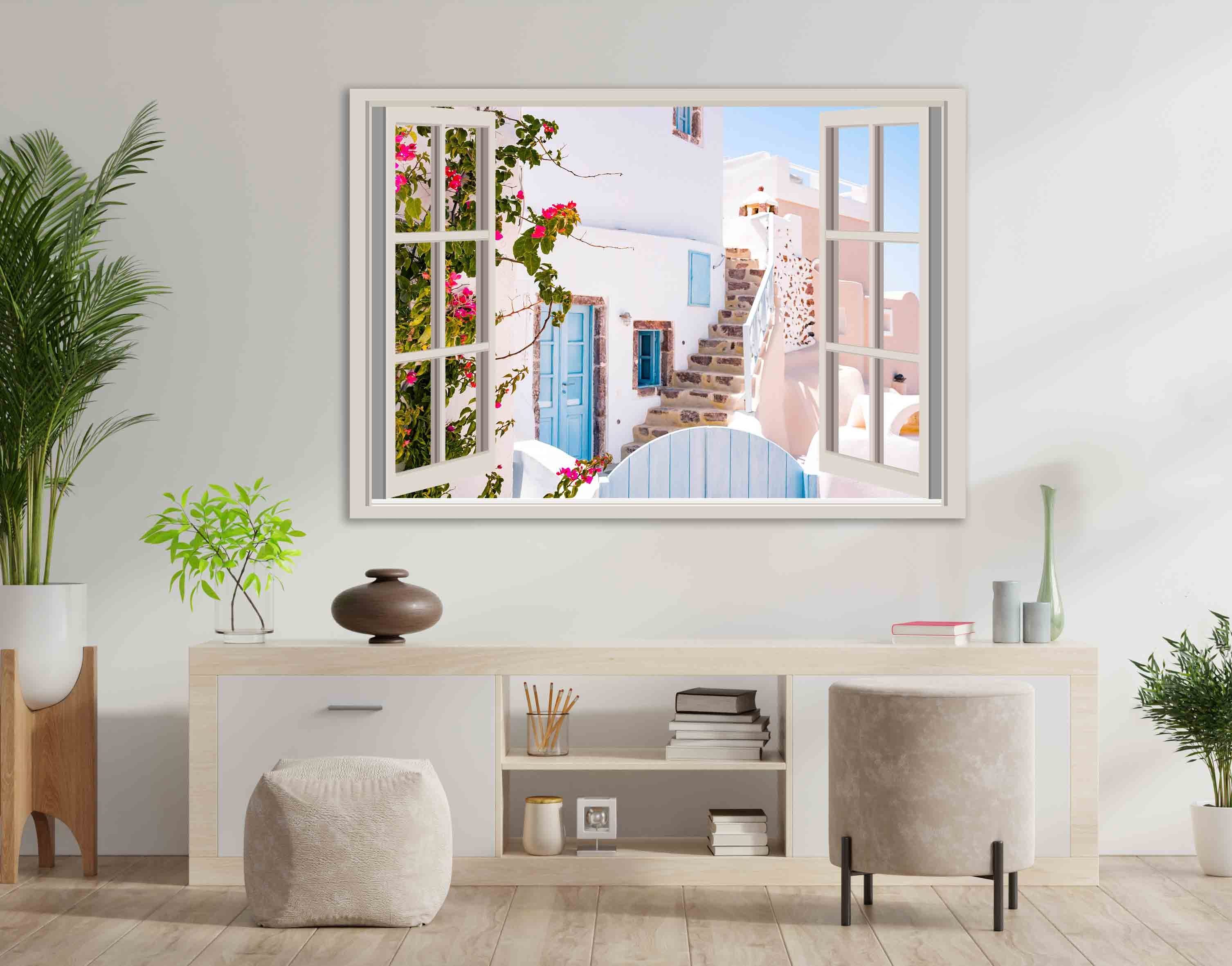 Leinwando Leinwandbild Gemälde Fensterblick auf Santorini günstig online kaufen
