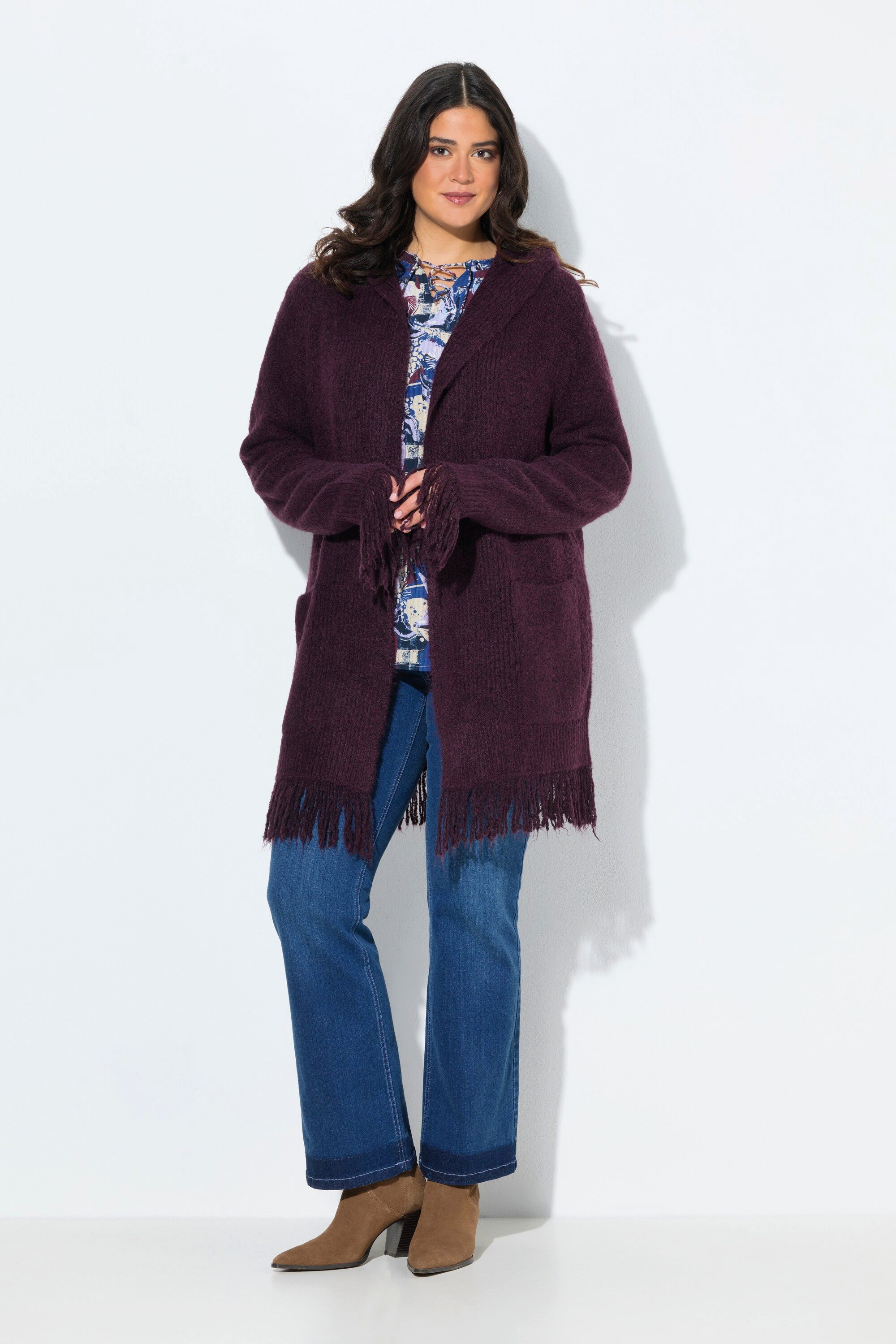 Ulla Popken Strickjacke Strickjacke Fransen Kapuze ohne Verschluss Langarm günstig online kaufen