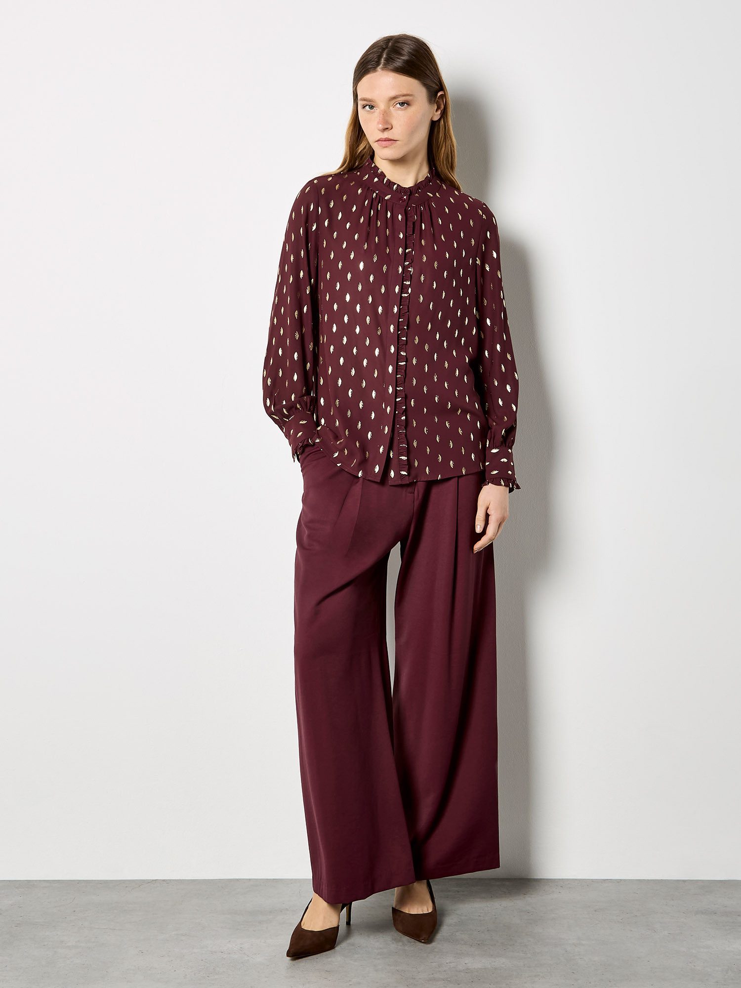 Apricot Rüschenbluse Rüschenbluse mit Goldfoliendruck