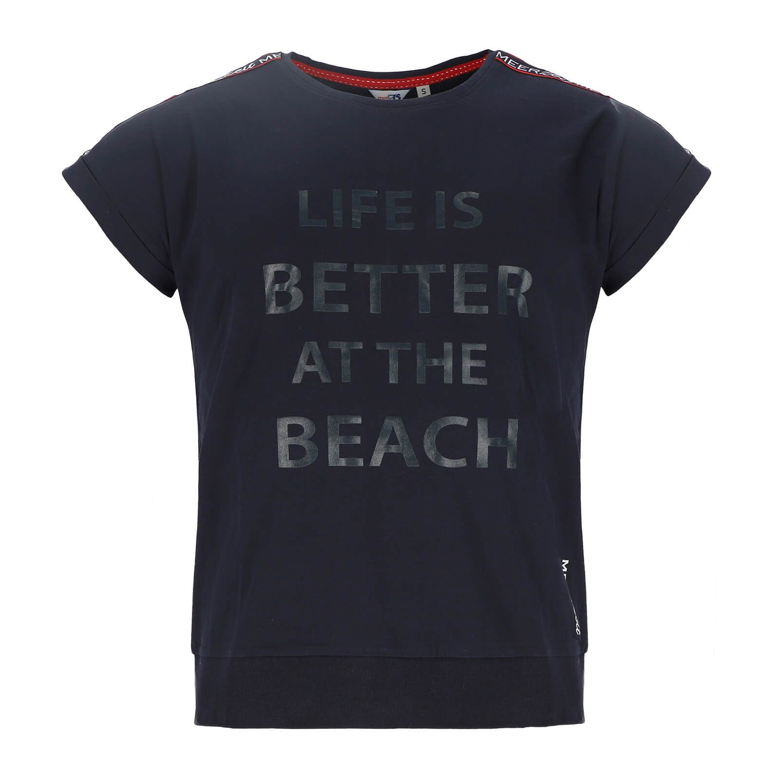 modAS T-Shirt 46115 Damen Kurzarmshirt mit Front-Print "Life is better at the Beach"