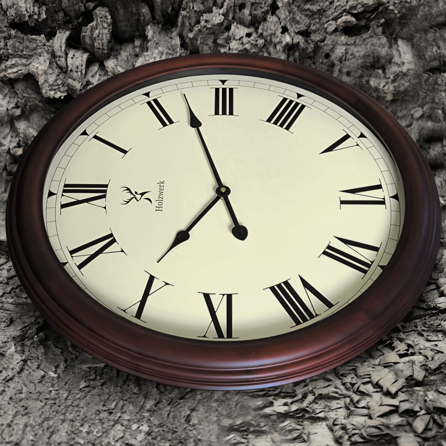 Holzwerk Wanduhr LEBACH Retro Vintage XXL Holz Quarzwanduhr (60 cm Ø, Nahezu lautloses Uhrwerk, römische Ziffern)