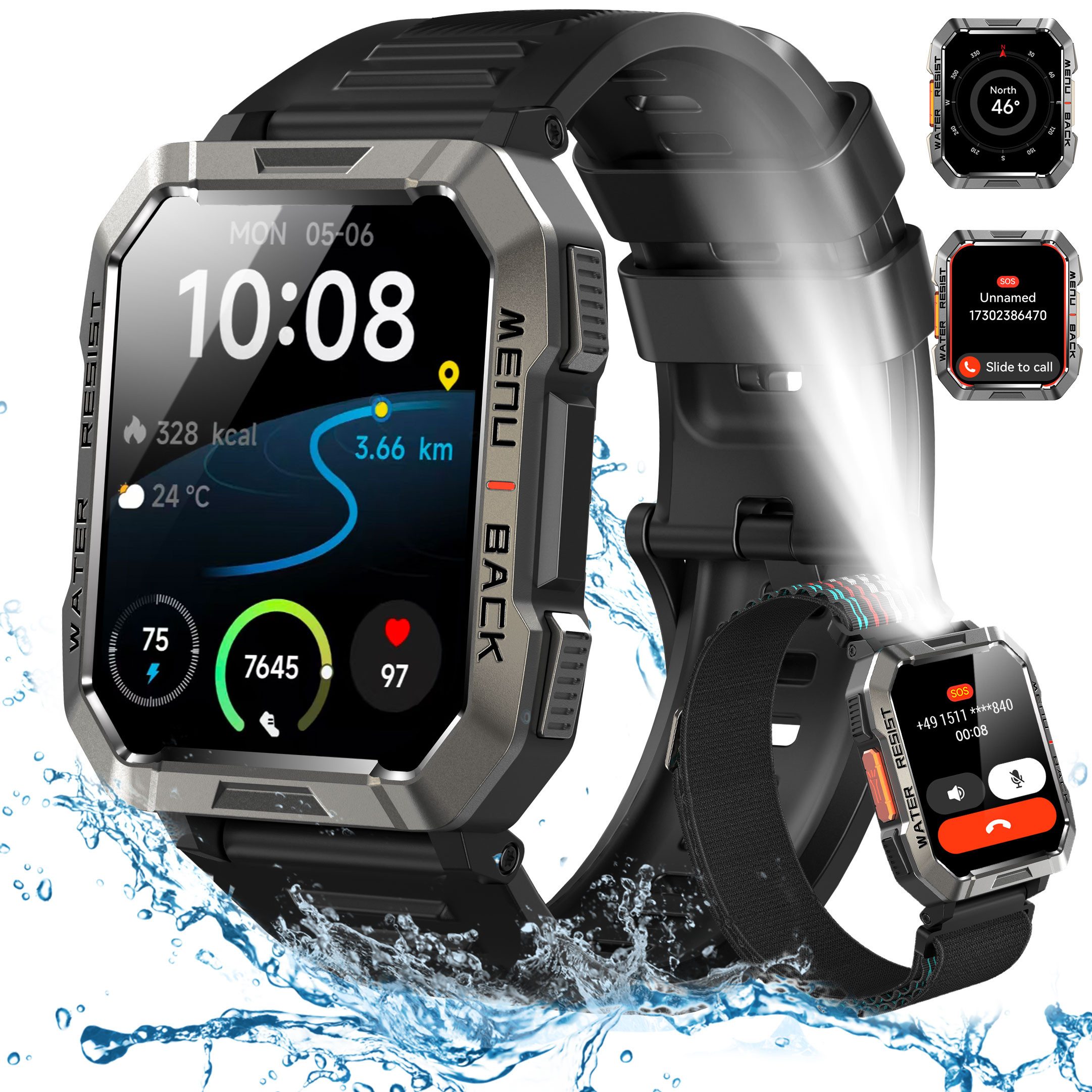 blackview Herren Smartwatch W60 2,01" HD-Display, 30-Tage-Akku, Bluetooth-Anrufe Smartwatch (5.1 cm/2.01 Zoll, iOS/Android) Set, 1-tlg., mit Wechselband aus weichem Silikon und Ladekabel, 900mAh Akku,Musik& SpO₂-/Herzfrequenz-/Schlafüberwachung,2Armband,IP68