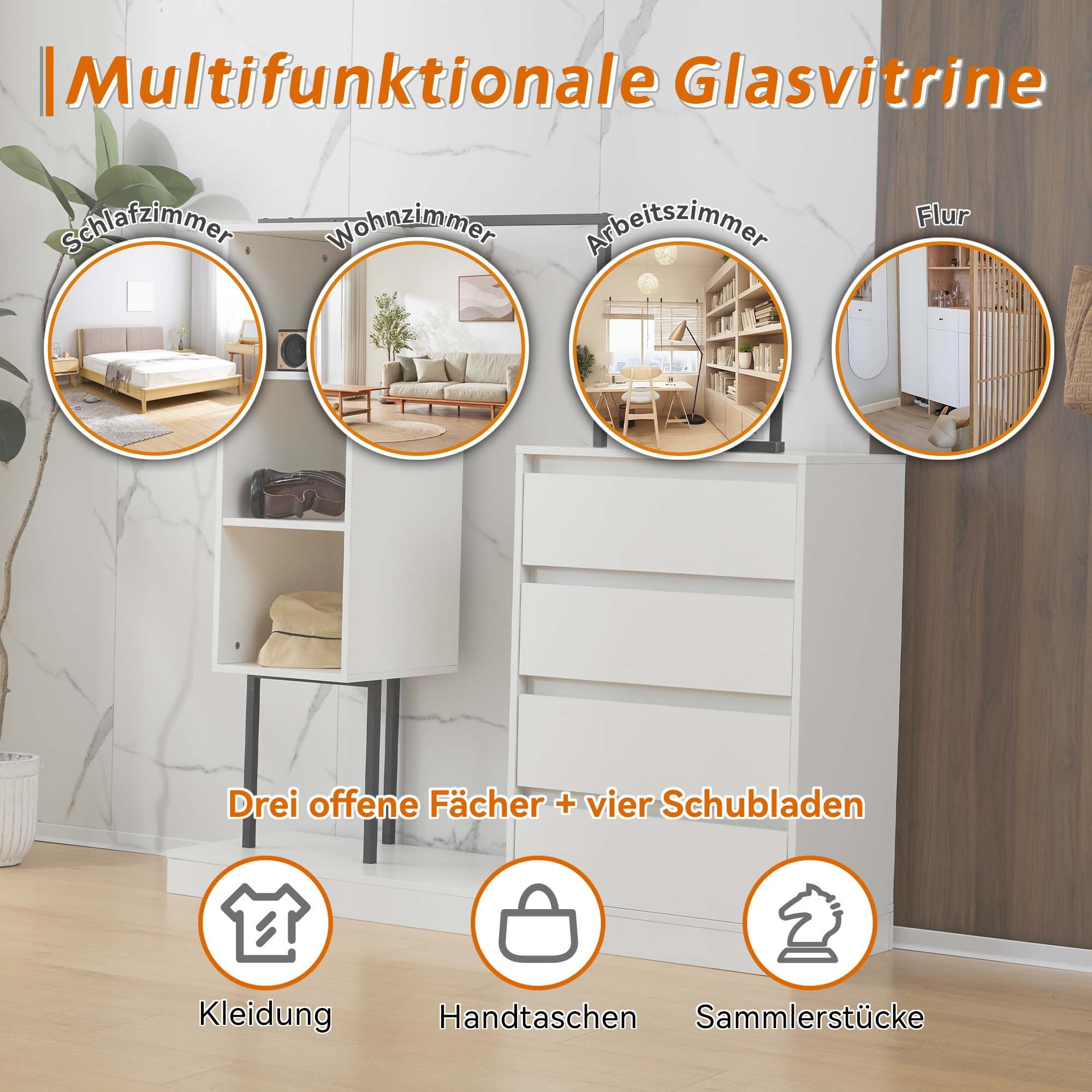 Yorbay Kleiderständer Weiß Schubladenschrank mit 4 Schubladen, 3 offene Stauräume, Kleiderschrank-Set mit Kleiderstange 140x40x135cm (BxTxH)