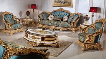 Casa Padrino Sessel Luxus Barock Sessel Blau / Beige / Braun / Gold - Prunkvoller Wohnzimmer Sessel mit elegantem Muster - Barock Wohnzimmer Möbel - Edel & Prunkvoll