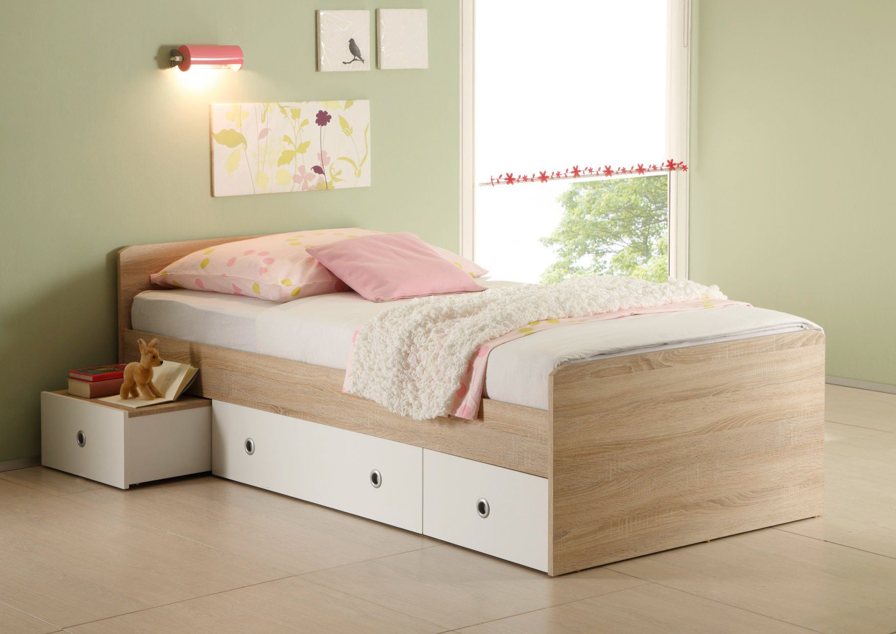 möbel-direkt.de Jugendzimmer-Set Wiki in Eiche Sonoma und Weiß, (Spar Set, 4-tlg., Kleiderschrank + Funktionsbett 90x200cm + Schreibtisch + Standregal), Funktionsbett mit Nachttisch und Bettschubkästen, Schrank mit Spiegel