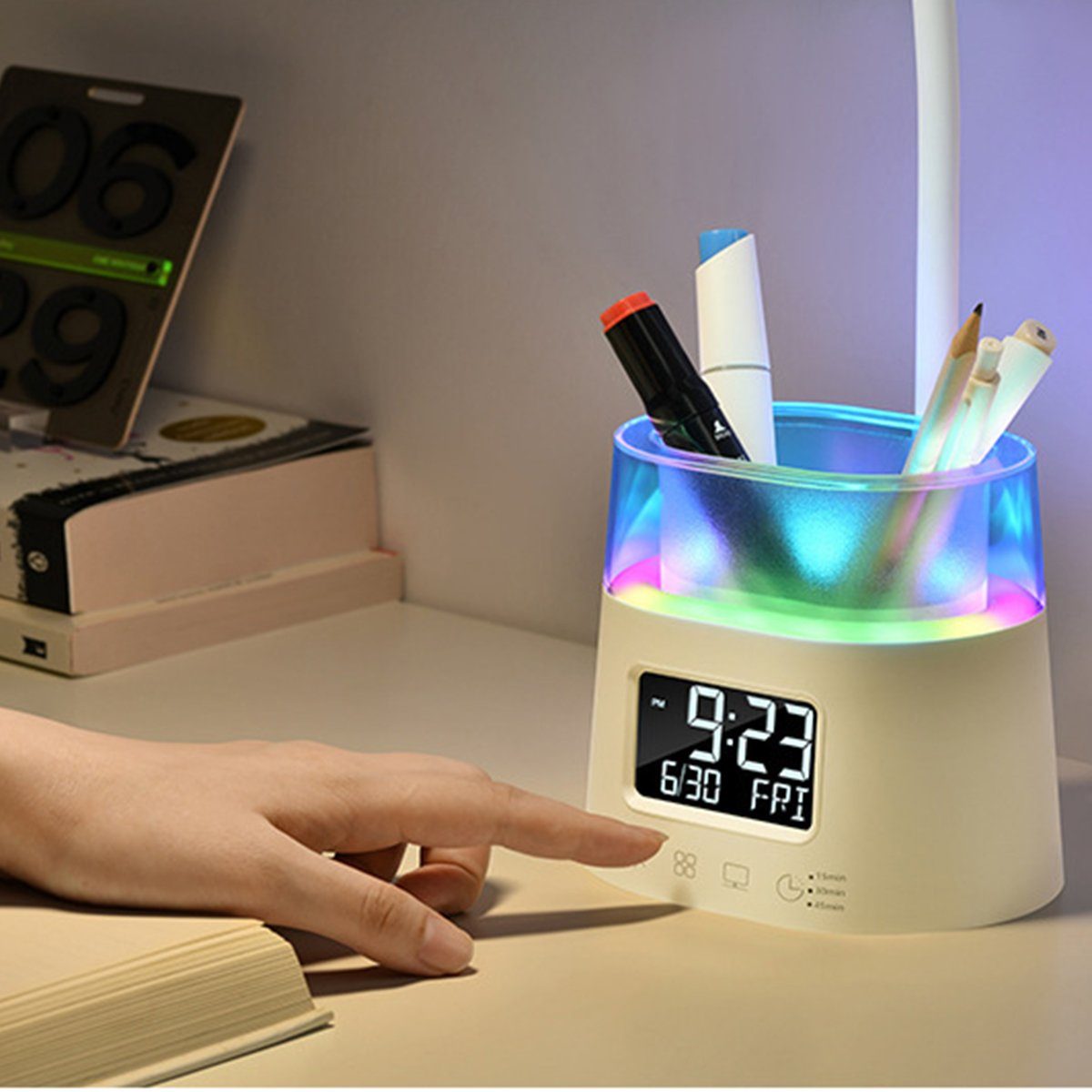 LED Schreibtischlampe Wecker verstellbarer 360° Leuchtmast Lampe, Farbwechselstifthalter DOPWii