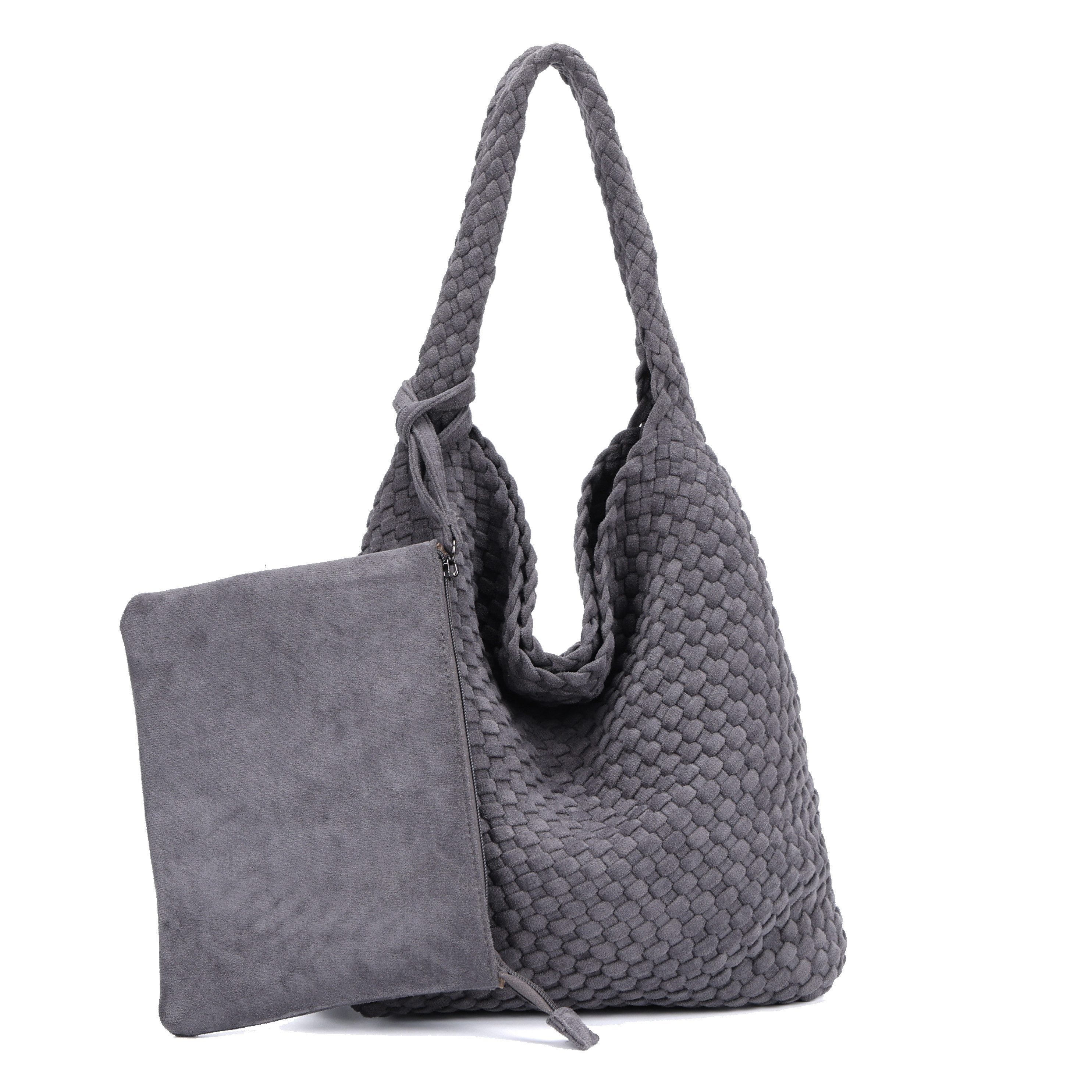 Shopper Damen Schultertasche Handgeflochten Wildleder-Optik
