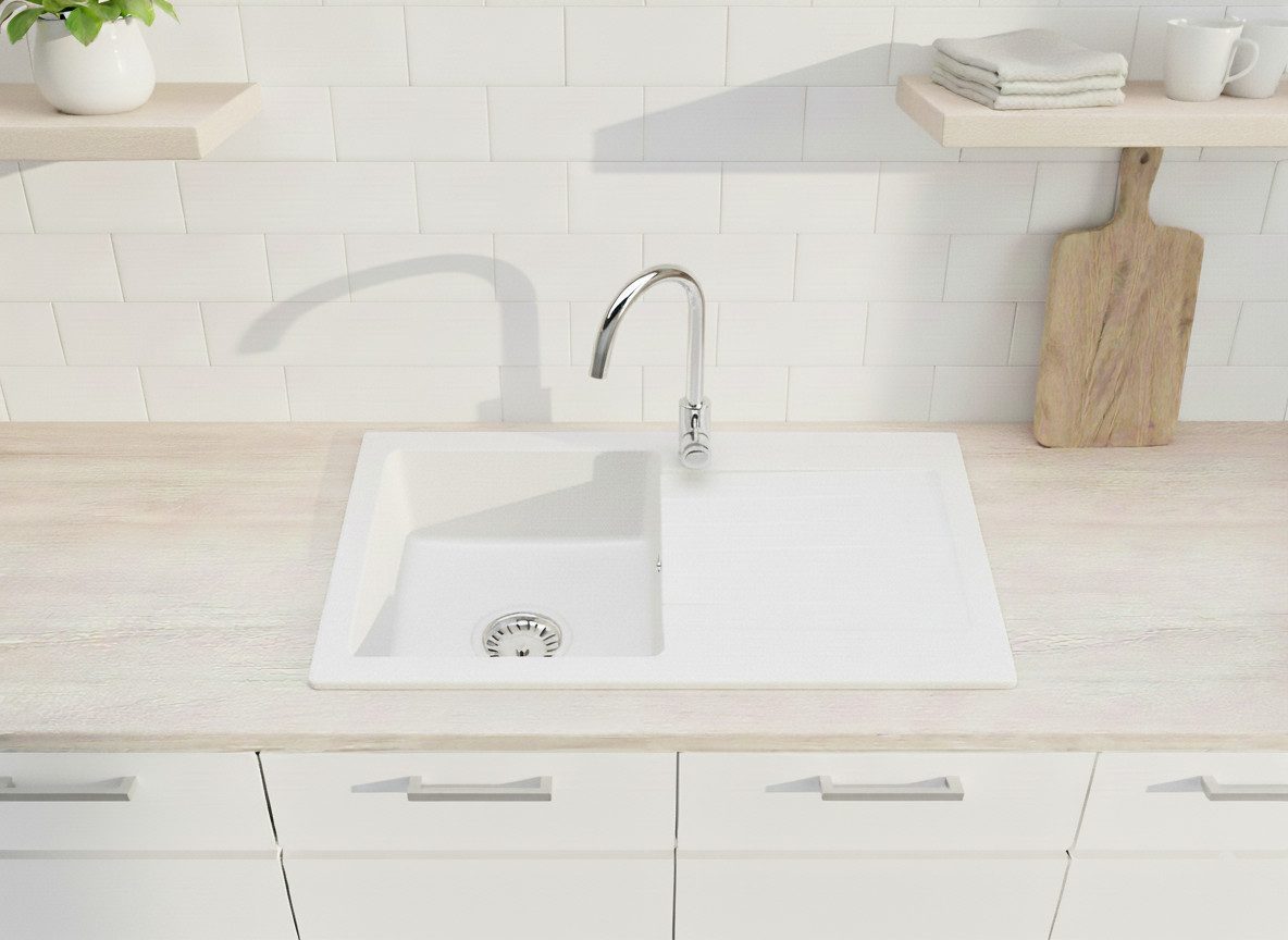 Faizee Möbel Granitspüle Faizee Home Granitspüle Alisha 75x43,5 cm Weiß mit Armatur & Siphon, Eckig, 75/43.5 cm, Kratzfest, hitzebeständig bis 280 °C, reversibel montierbar, pflegeleicht, (Komplettset, Granitspüle mit Armatur & Siphon), Luxus-Set mit Armatur & Siphon