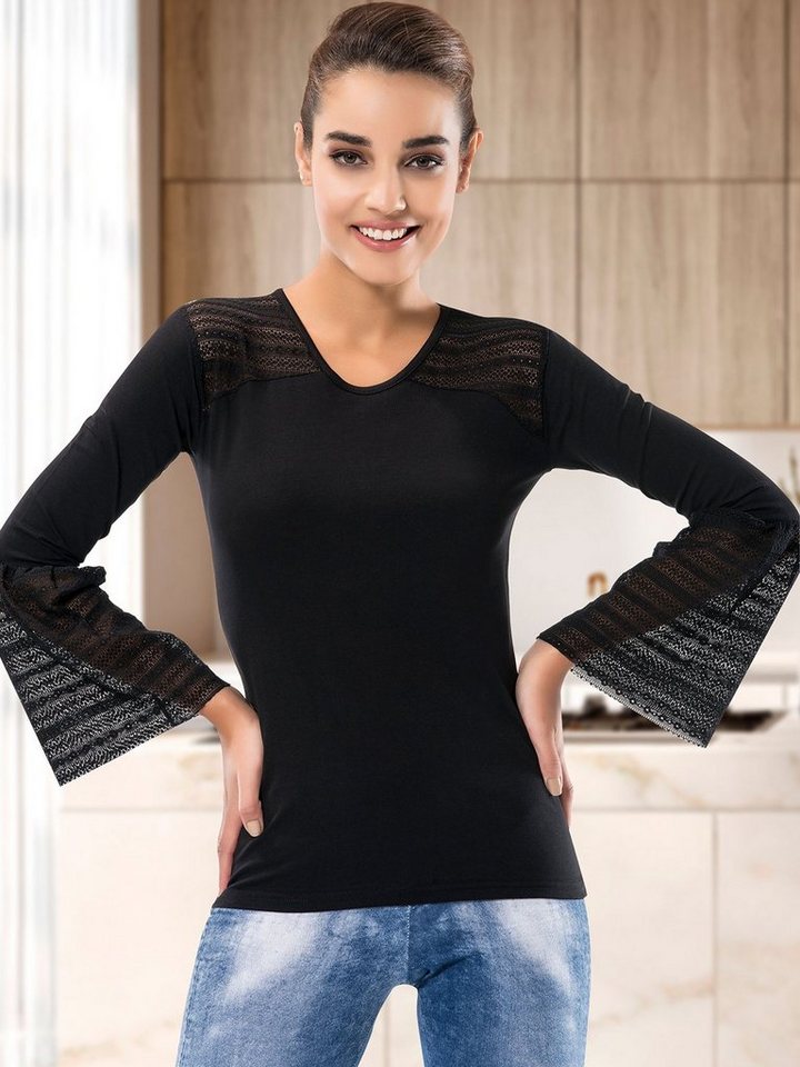 Derya Kursun Langarmshirt Damen T-Shirt mit Circular Flounce Ärmel aus  Guipure Spitze Schwarz, DK122