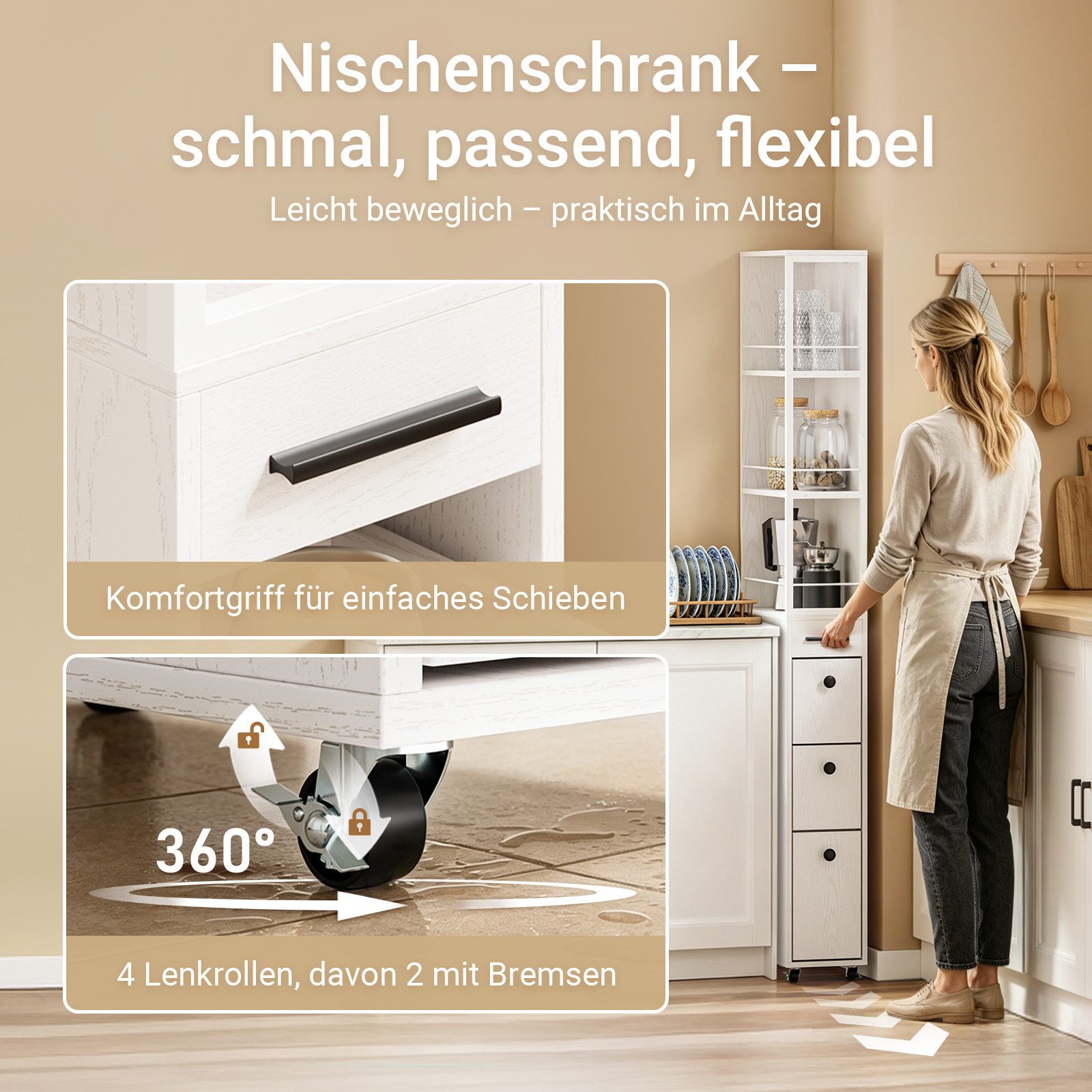 SoBuy Hochschrank NSR13, Küchenwagen, Badschrank, Nischenwagen schmal 20 cm, auf Rollen Apothekerschrank mit 3 Schubladen, 3 Ablagen für kleine Küchen, Bad