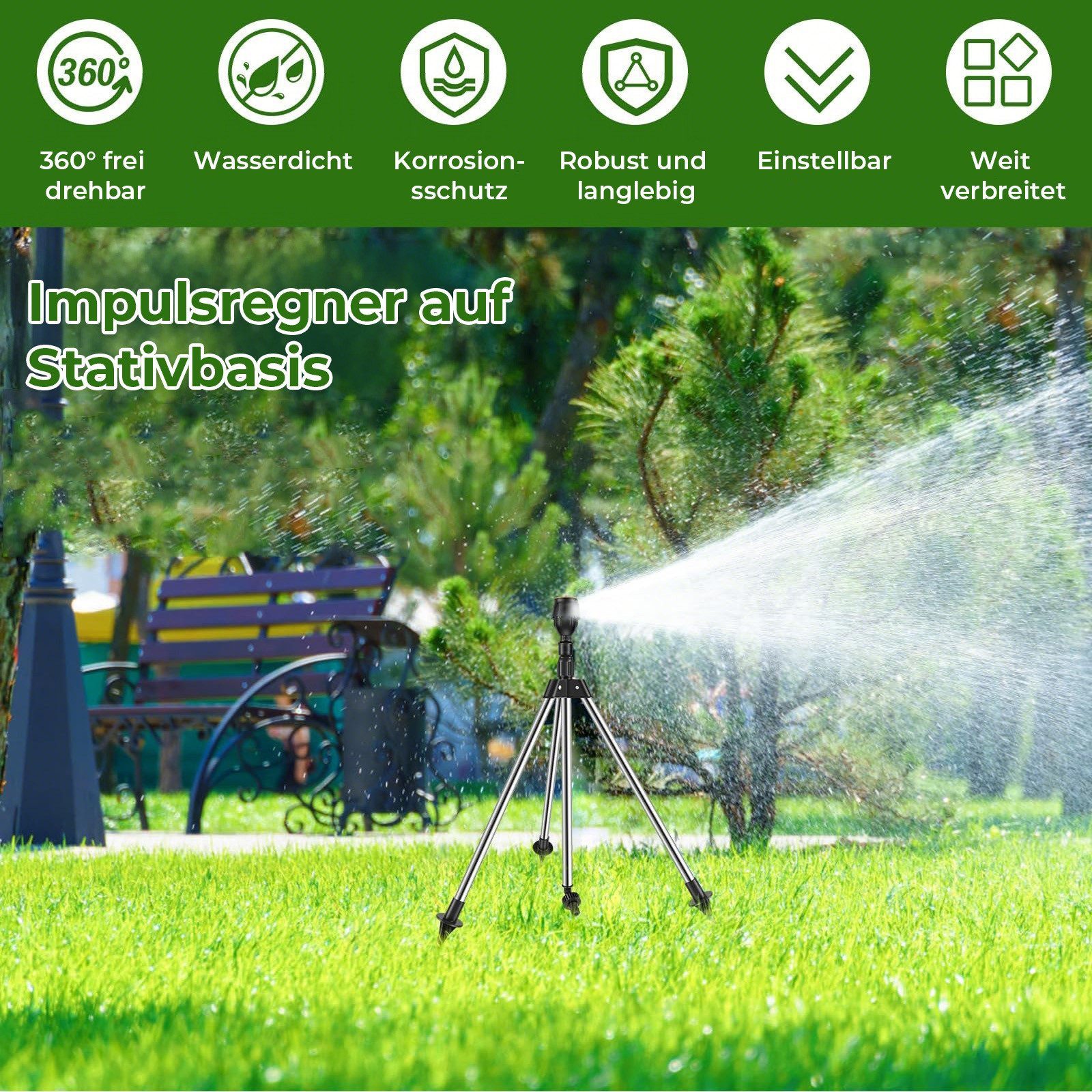 Jibenhome Gartenspritze Rotierend Dreibein Regner,Kreisregner Sprinkler,360°Abdeckung, Gartenbewässerung, mit Metall Stativsockel,für Rasen, Garten und Hof – Bild 5 von 5