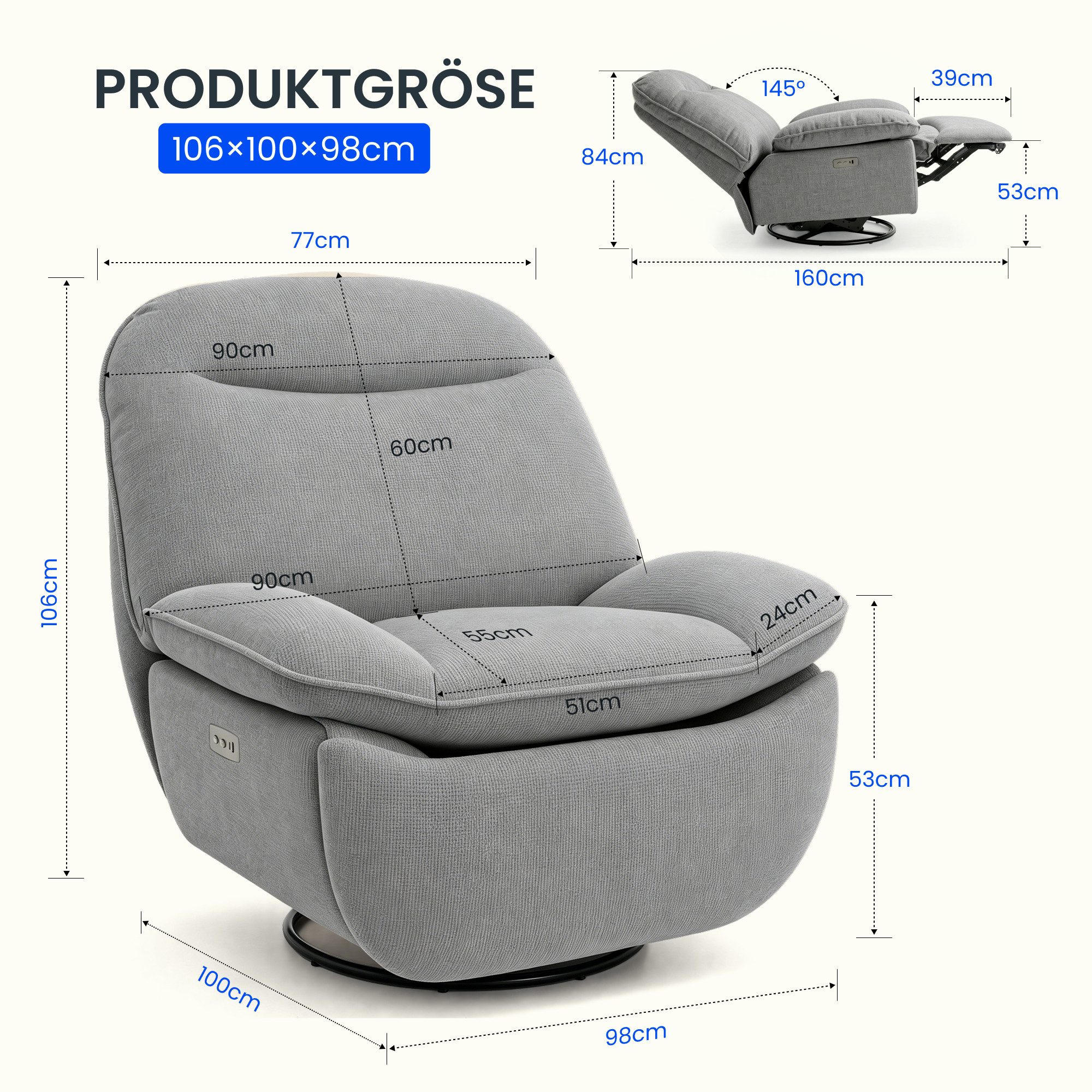 FLEXISPOT Sessel Schaukelsessel gemütlicher TV-Sessel, Relaxsessel (Schlafsessel mit USB, Drehsessel mit Rocking, Ruhesessel für Senioren & Stillenden), Versteckter Stauraum, 105° - 145° verstellbar, 159 KG belastbar
