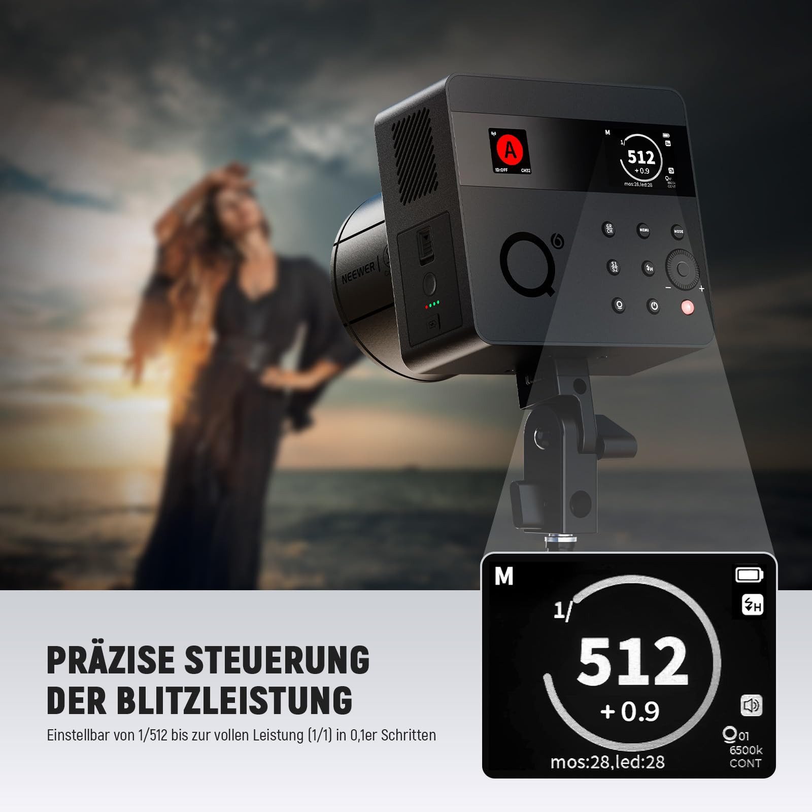 Neewer Q6 600Ws 2,4G TTL Outdoor Studioblitz mit App Steuerung, 1/8000 HSS Studio-Blitzgerät, (Kompatibel mit Godox, 1/1-1/512, 3000mAh, 30W Bi Farbe Einstellli – Bild 4 von 5