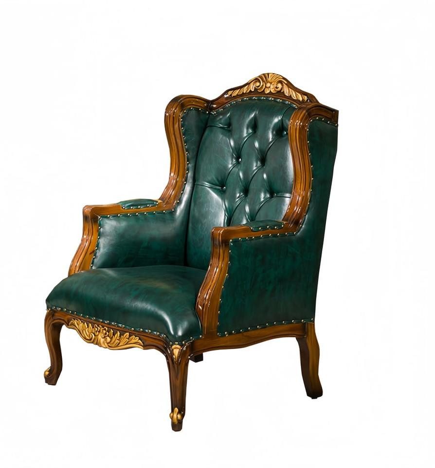 JVmoebel Büromöbel-Set Art Déco Sofa und Sessel in Grün aus Leder mit Couchtisch, (6-tlg., Sofa 3 Sitzer, 2x Sessel, Couchtisch, 2x Beistelltisch), Made in Europe