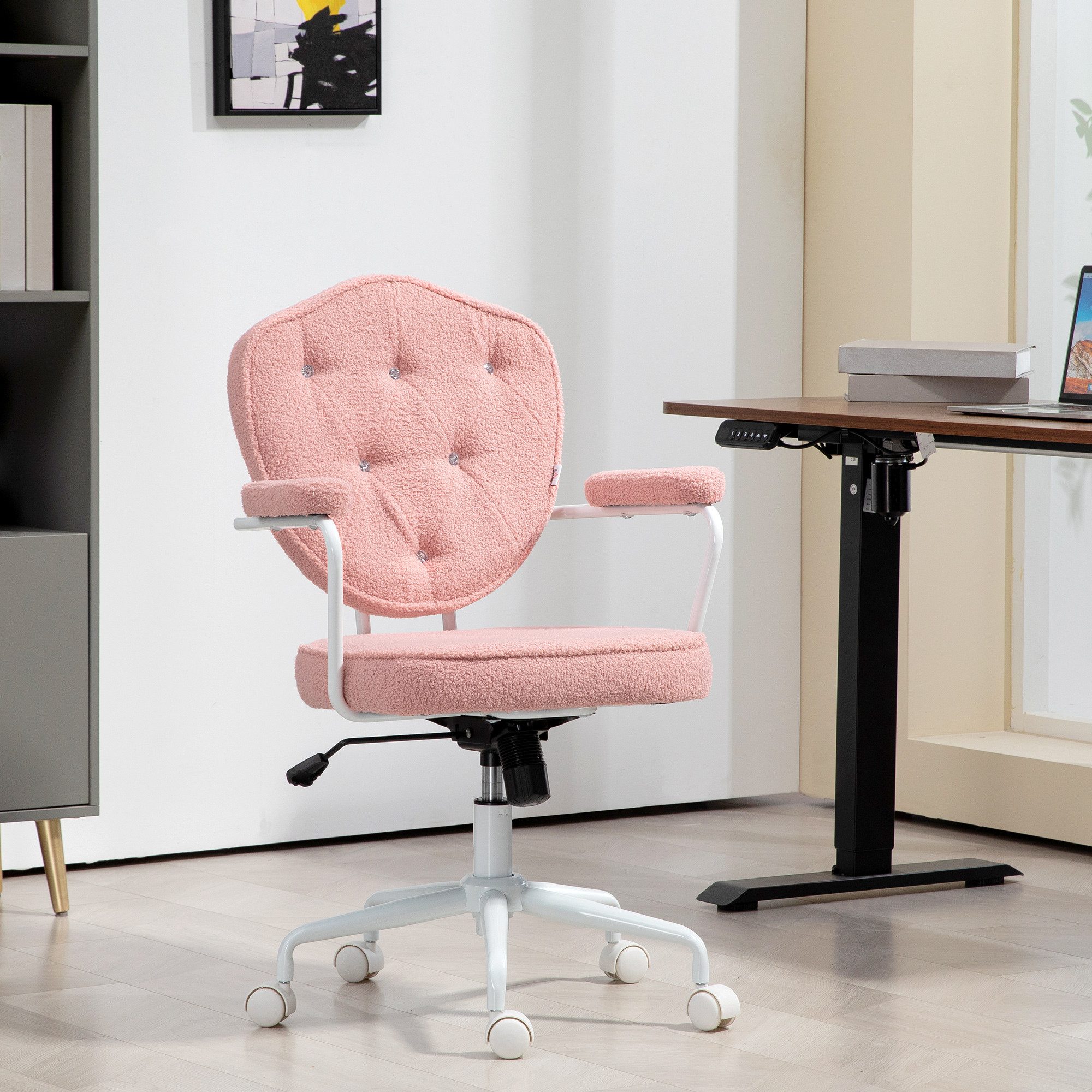 HOMCOM Bürostuhl Ergonomisch Schreibtischstuhl Wippfunktion höhenverstellbar (Computerstuhl, 1 St), für Home Office, Teddybärvlies, Rosa