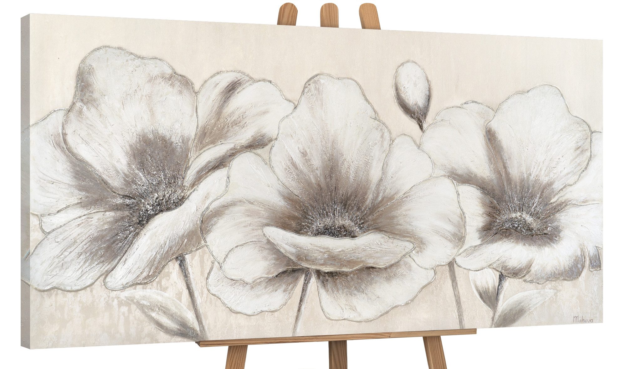 YS-Art Gemälde Blumen II, Blumen, Blumen auf Leinwand Bild Handgemalt Beige Weiß Schwarz