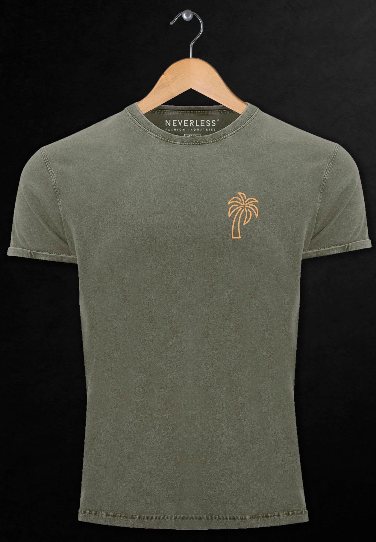 Herren Print-Shirt oliv mit Shirt Sommer Vintage Minimal Logo Neverless Line Palme Print Emblem Badge Print