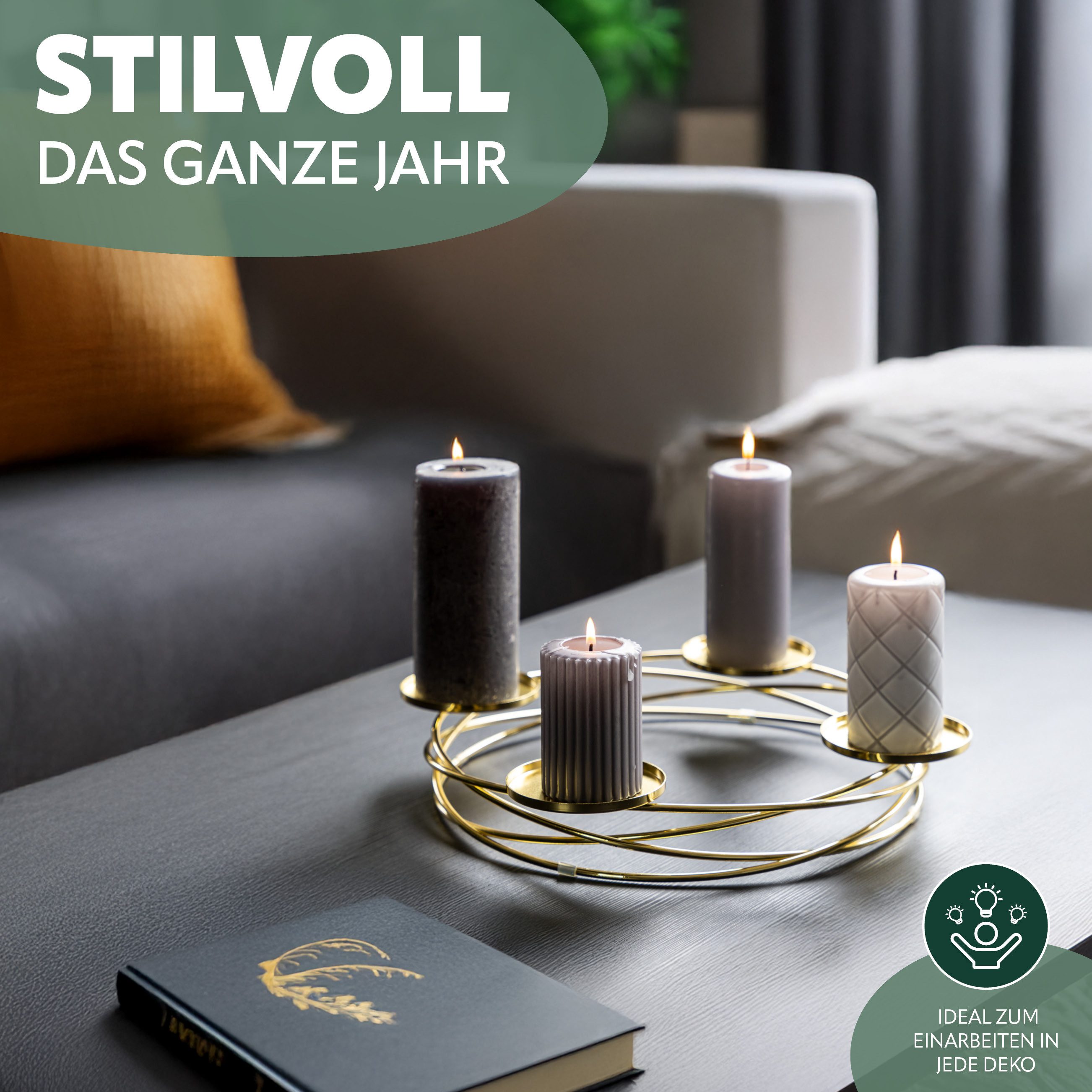 bremermann Kerzenhalter in Kranzform, für Stumpenkerzen, Kerzenständer gold