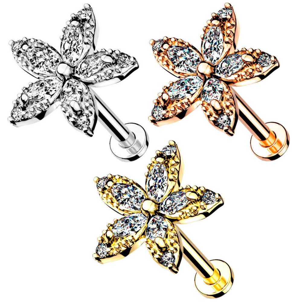 Taffstyle Piercing-Set Labret Piercing Stecker flach Kristall Blume Innengewinde Rosegold 8mm (Ohr Tragus Helix Orbital Snug Ohrring Piercing), Ohr Tragus Helix Ohrpiercing Cartilage Knorpel Rook Lobe Daith Conch