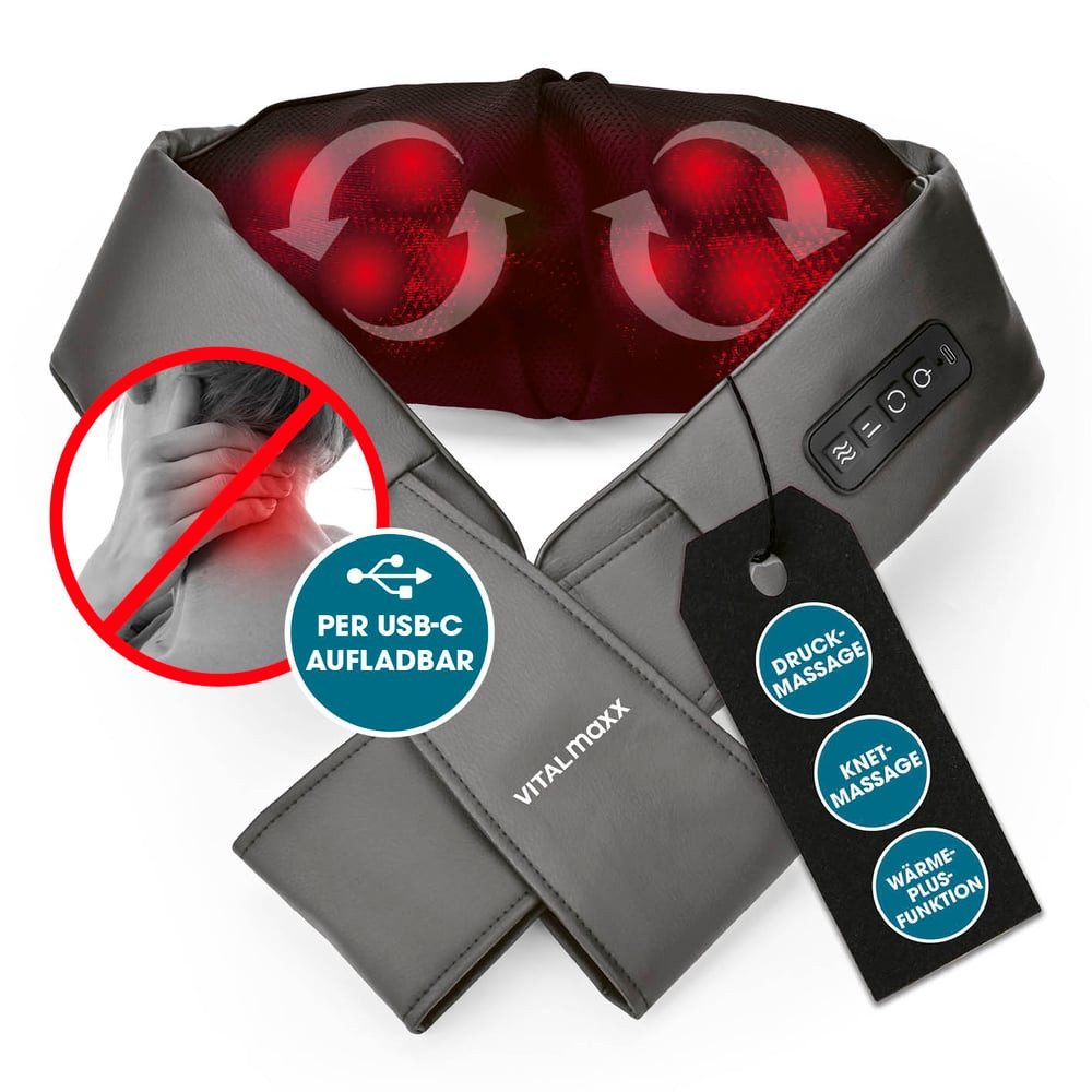 VITALmaxx Shiatsu-Massagegerät Nackenmassagegerät USB-C 7,4V, Massagegerät mit Wärmefunktion für Schultern Nacken Rücken Beine
