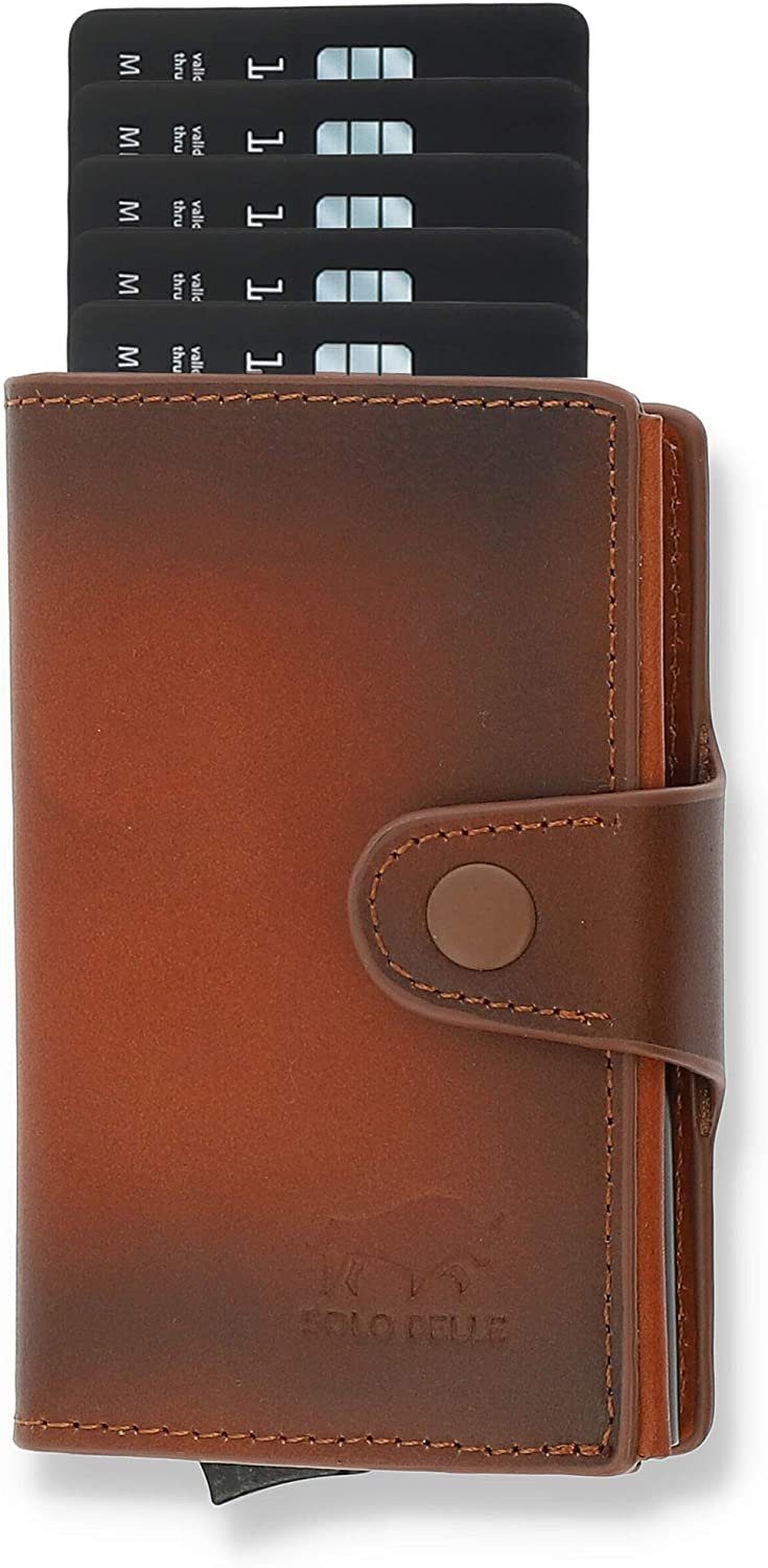 Solo Pelle Mini Geldbörse Slim Wallet Mondo ohne Münzfach [bis zu 13 Karten] [RFID-Schutz], echt Leder, Made in Europe, mit RFID Schutz Cognac Braun