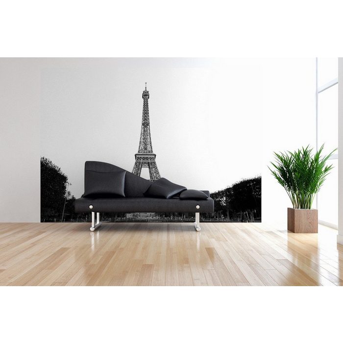 Wallario Vliestapete Eiffelturm in Paris - schwarz weiß Seidenmatte Oberfläche hochwertiger Digitaldruck in verschiedenen Größen erhältlich