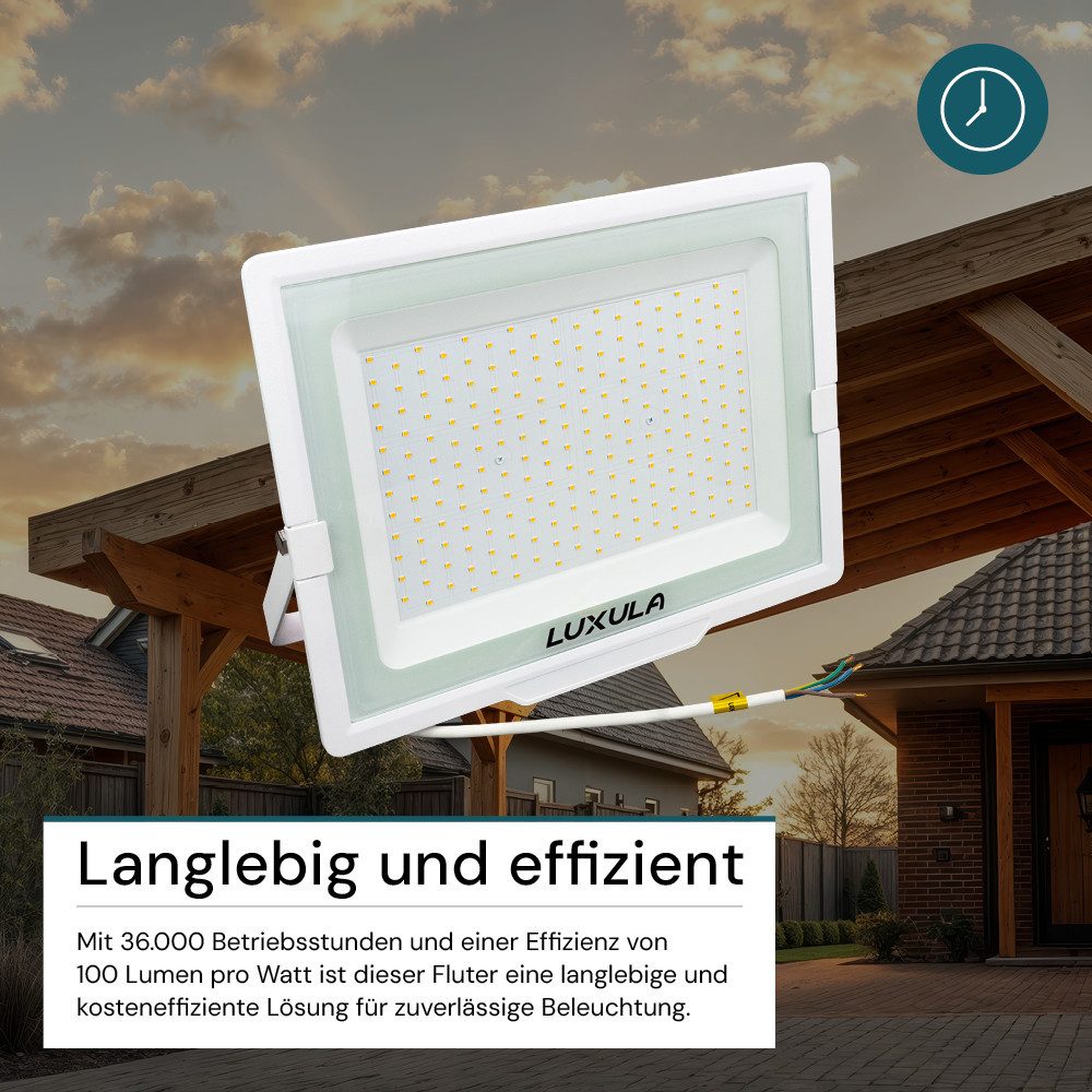LUXULA LED Flutlichtstrahler LED-Fluter, 200 W, 3000 K (warmweiß), 20000 lm, weiß, IP65, LED fest integriert, Warmweiß