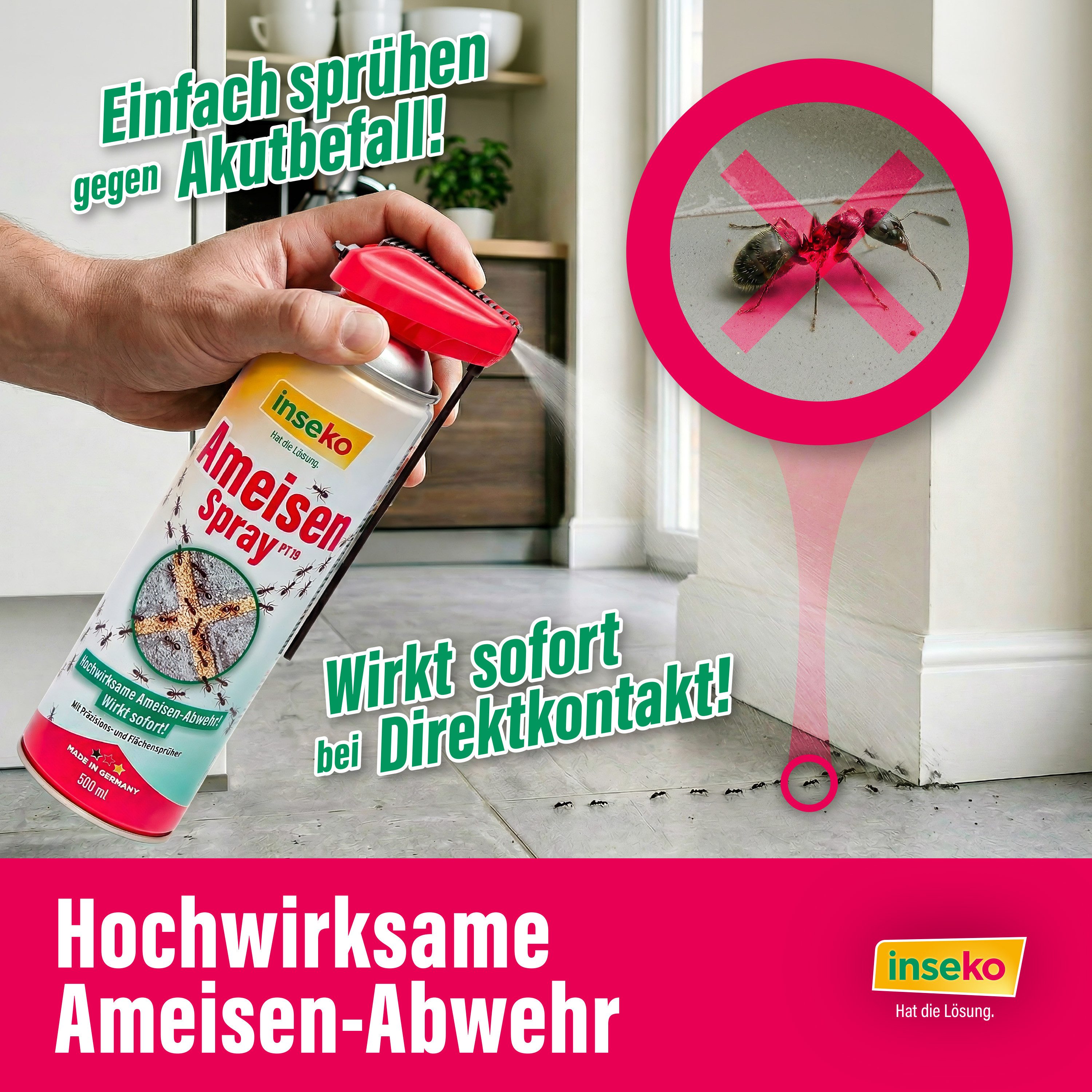 Inseko Insektenspray 3x inseko Ameisenspray 500 ml - effektive Sofortwirkung (PT19), 3-St., gegen Ameisen und Ameisennester